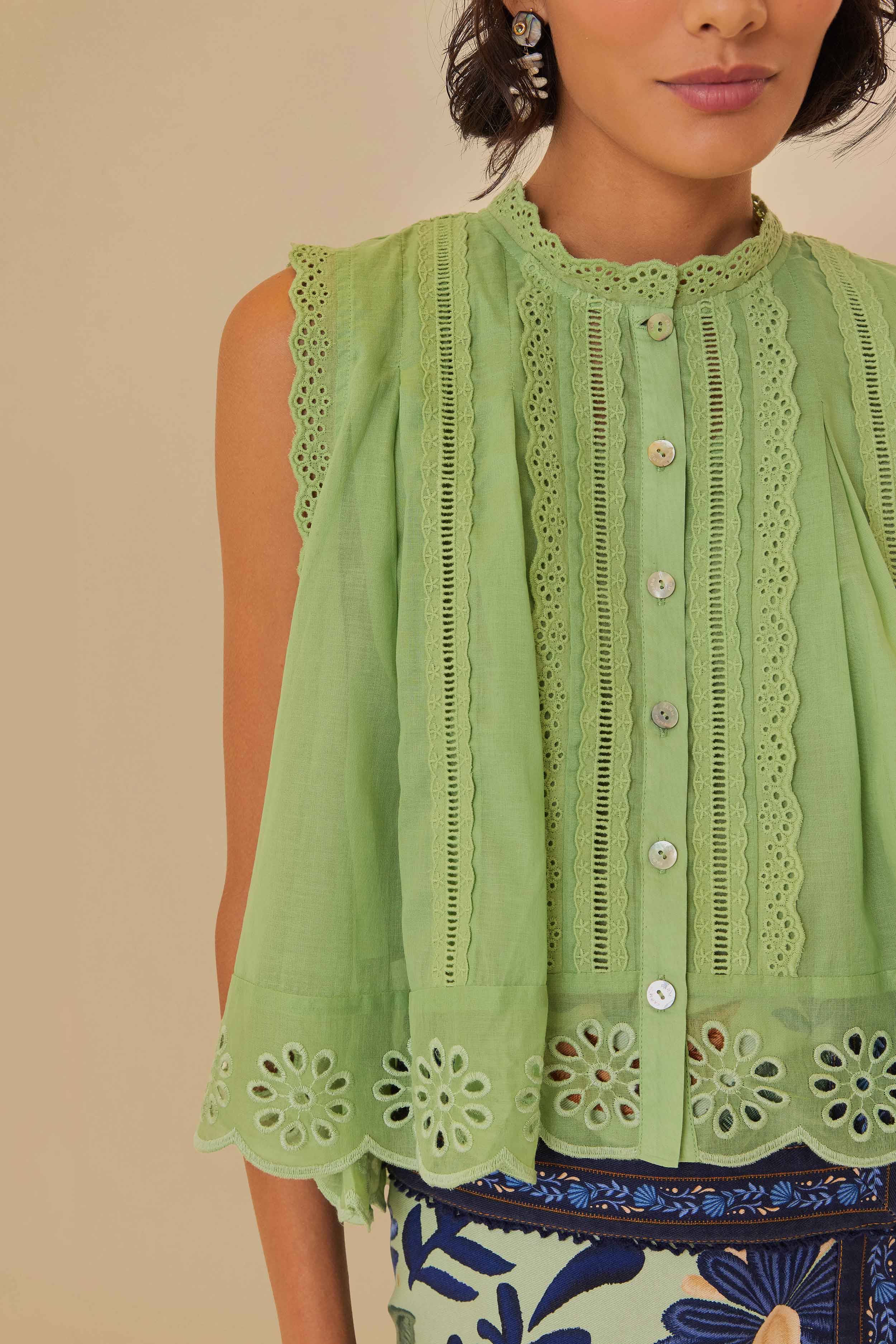 Light Green Sleeveless Organic Cotton Blouse - Image 3