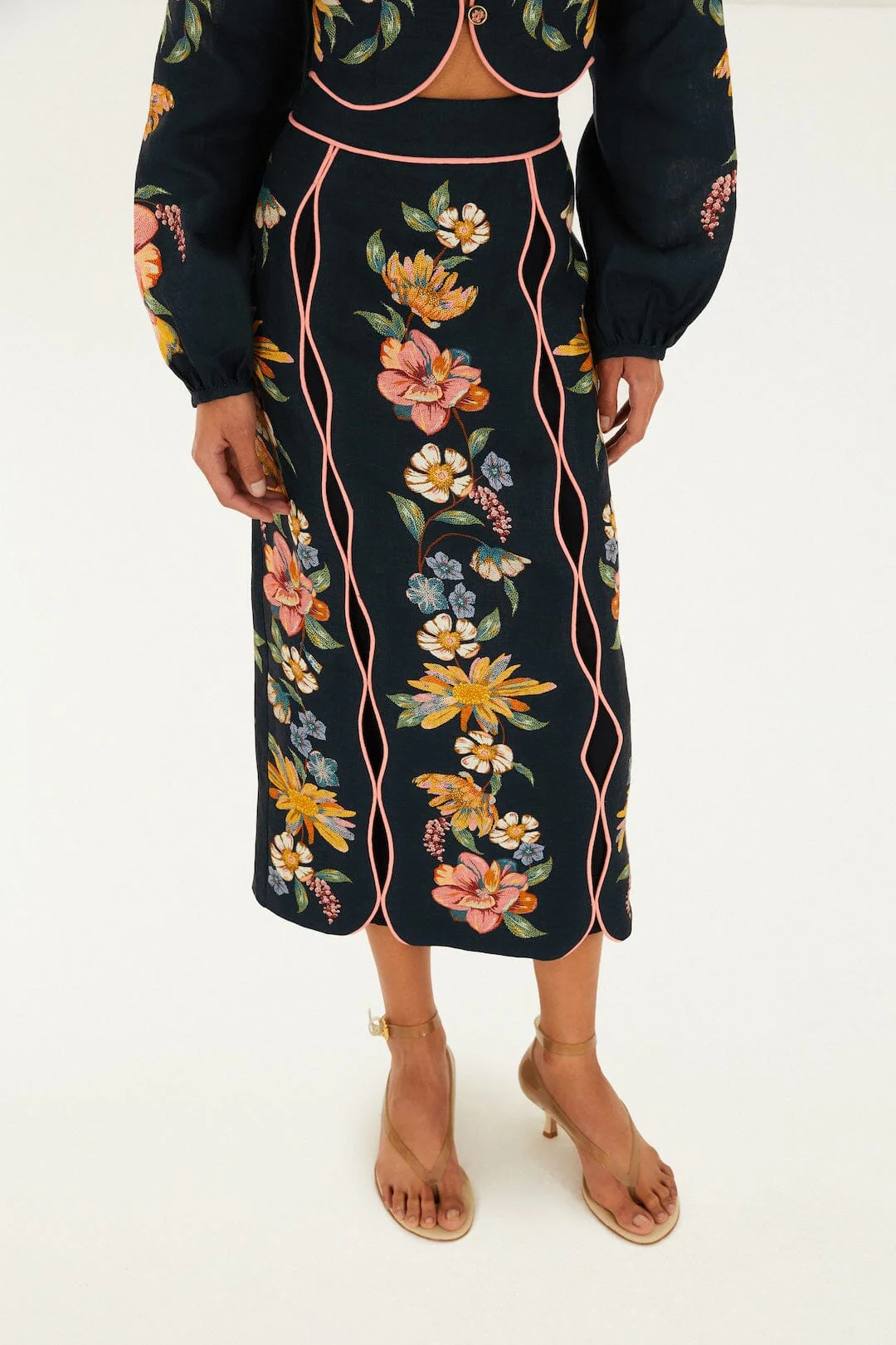 Dark Blue Maira Floral Euroflax™ Premium Linen Midi Skirt - Image 2