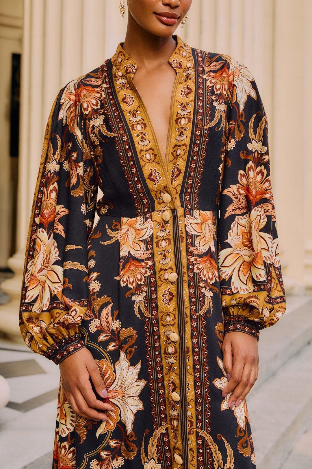 Black Majestic Garden Buttoned Puff Sleeve Maxi Dress - Image 2