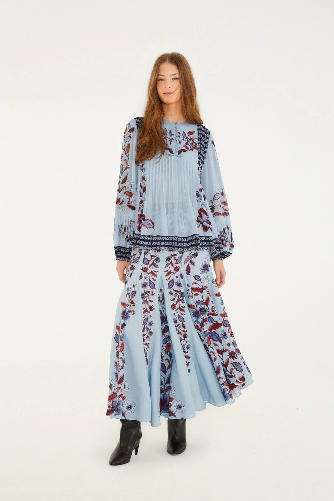 Soft Blue Marcelle Crochet Buttons Pleated Blouse - Image 4