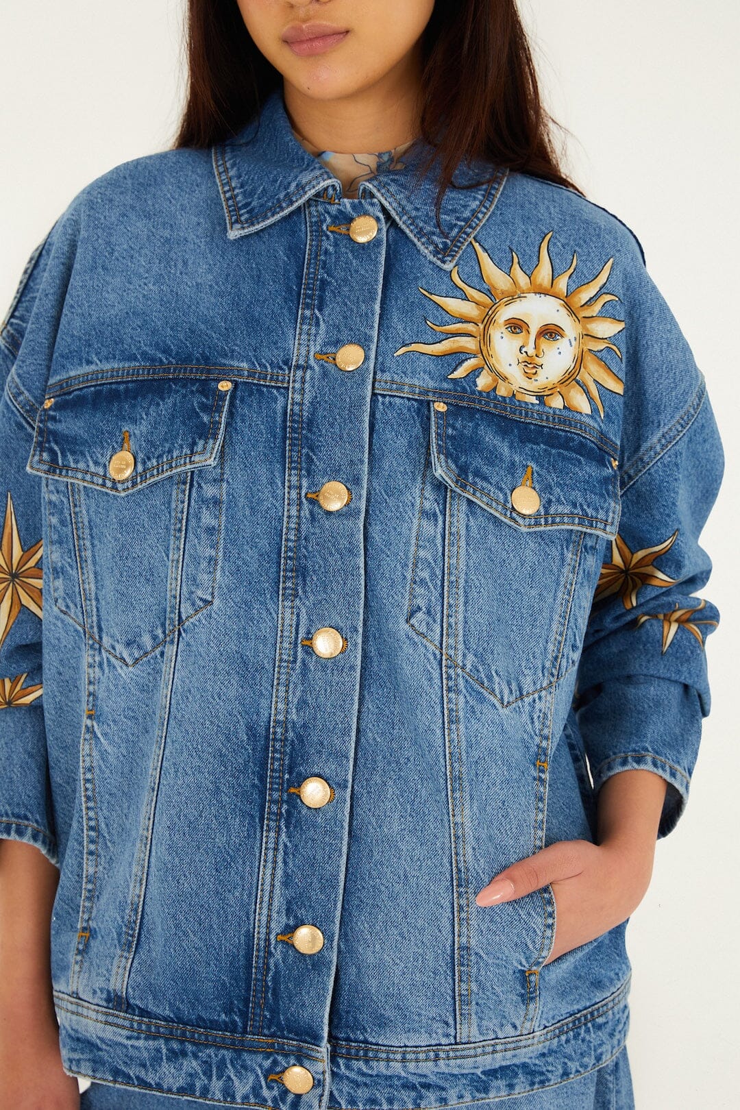 Denim Mystical Sun Printed Jacket - Image 2