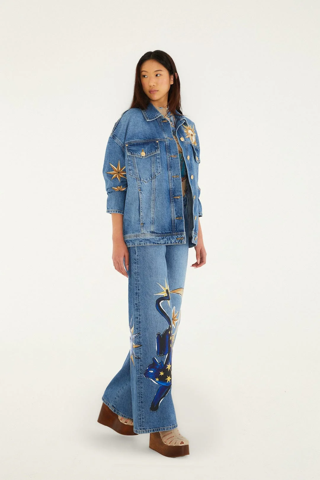 Denim Mystical Sun Printed Jacket - Image 4