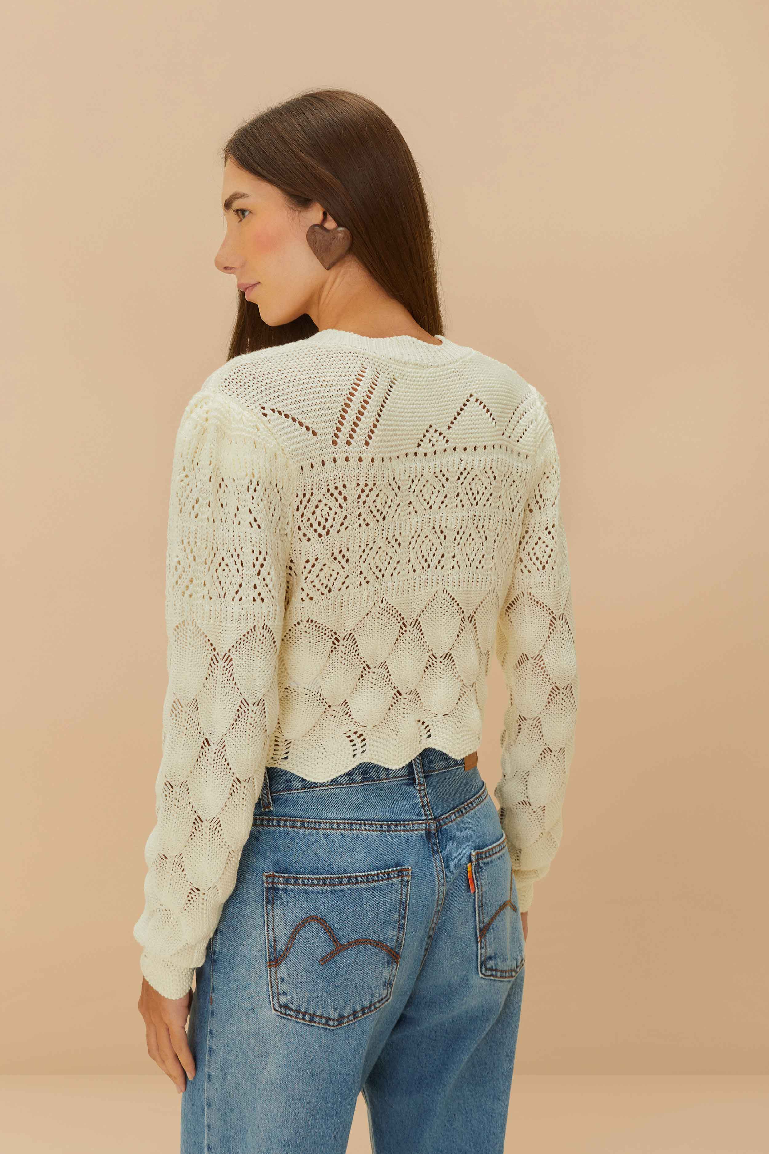Off-White Mixed Lace Stitch Cardigan - Image 3