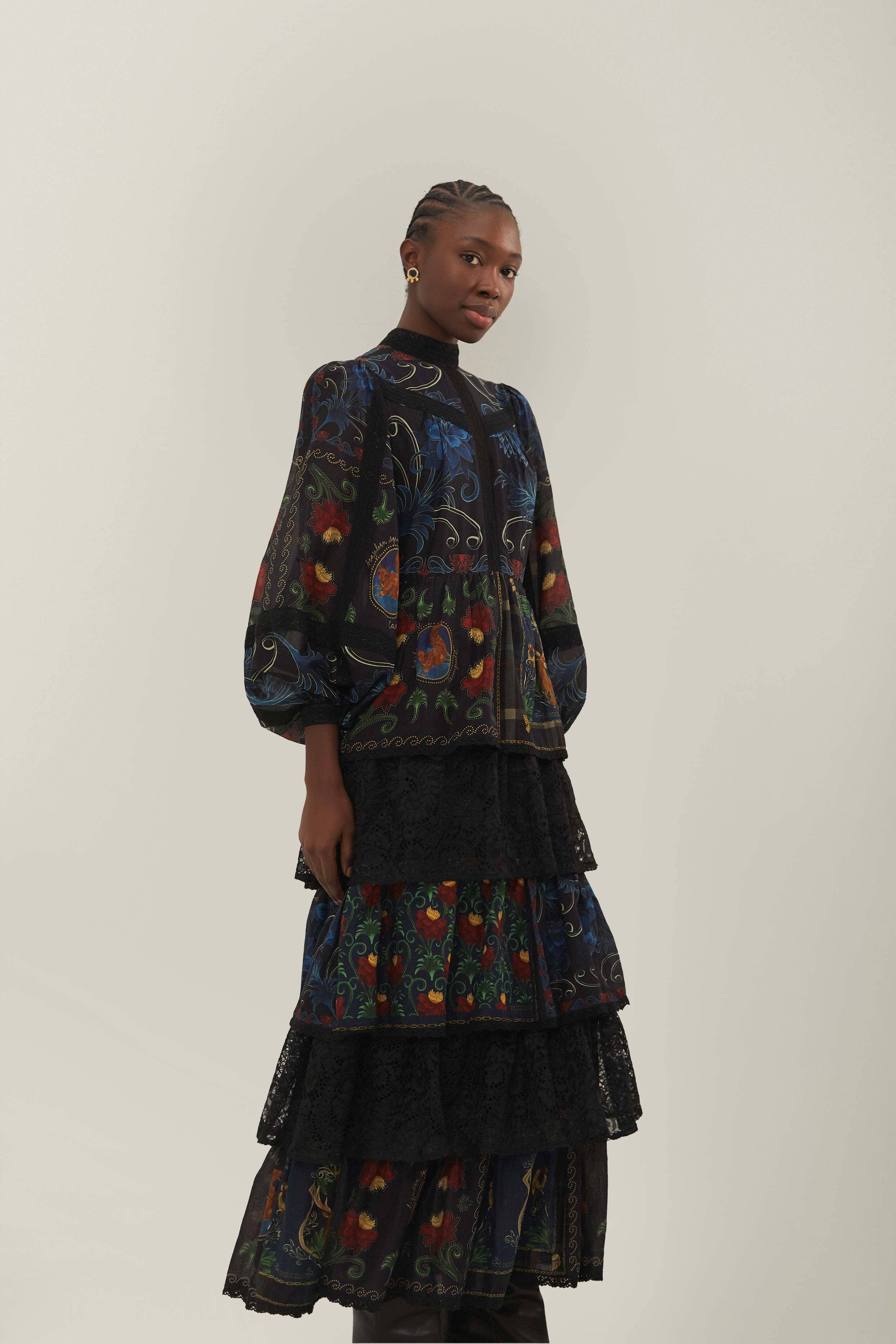 Black Mixed Arabesque Scarves Long Sleeve Maxi Dress - Image 4