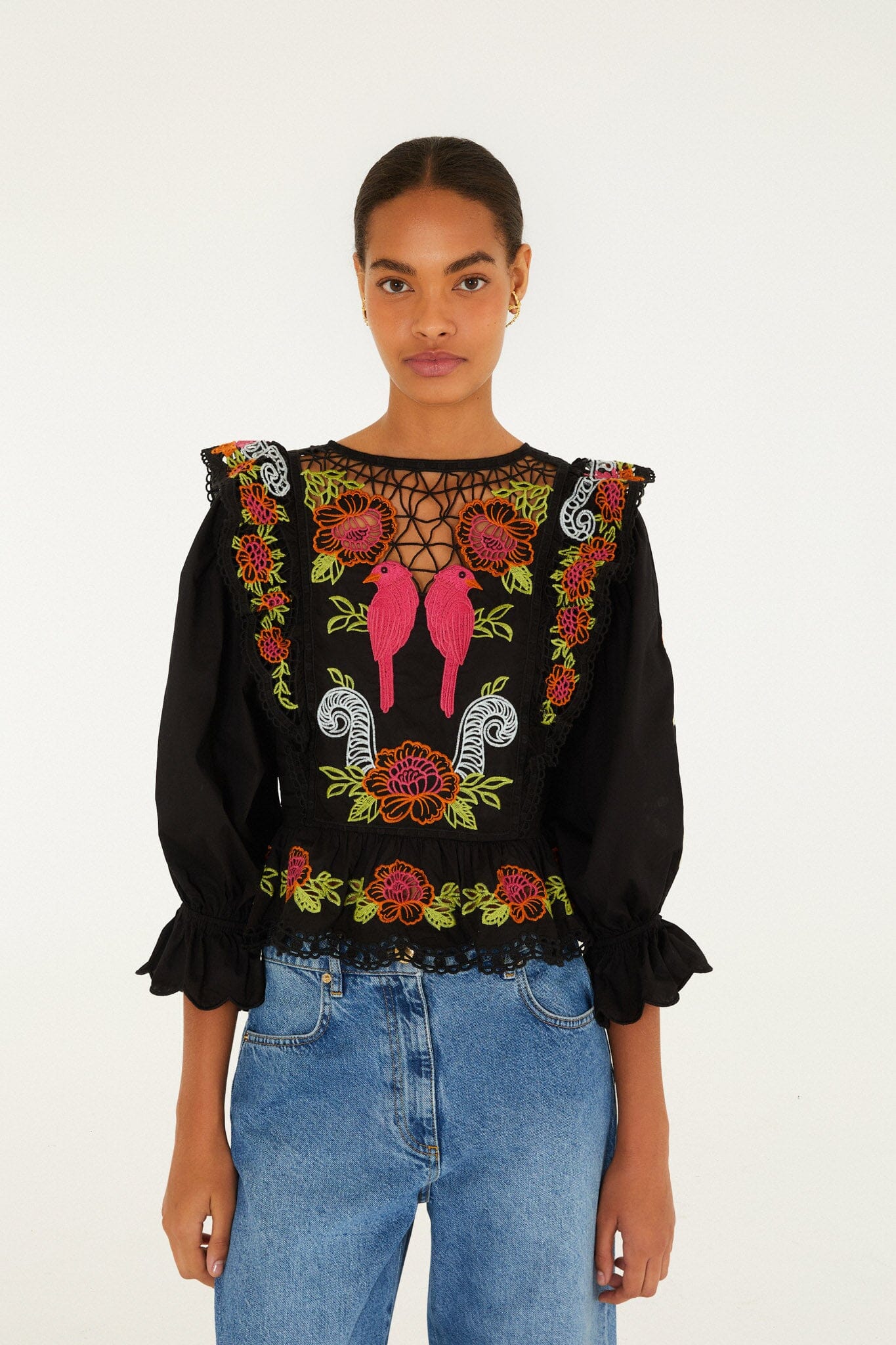 Black Mujeres Y Flores Embroidered Organic Cotton Richelieu Blouse