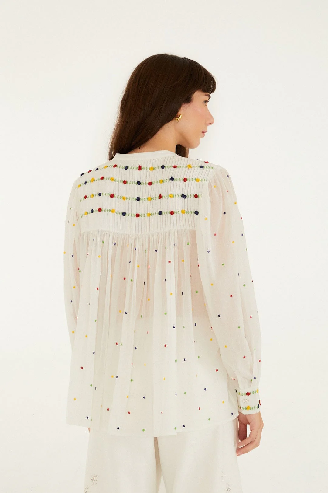 Off-White Embroidered Beads Organic Cotton Long Sleeve Blouse - Image 3