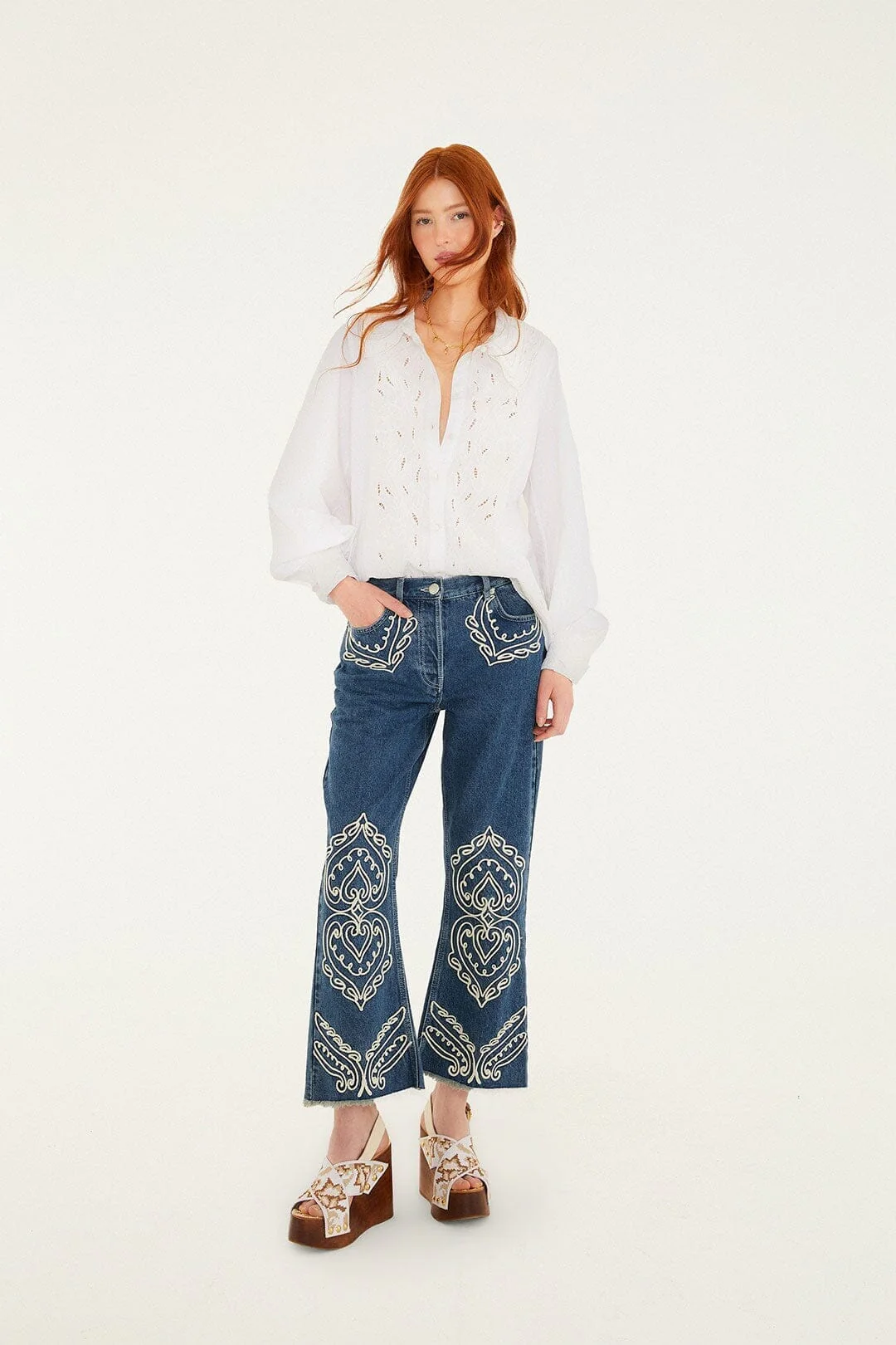 Off-White Embroidered Lace Buttoned Smocked Cuff Shirt - Image 4