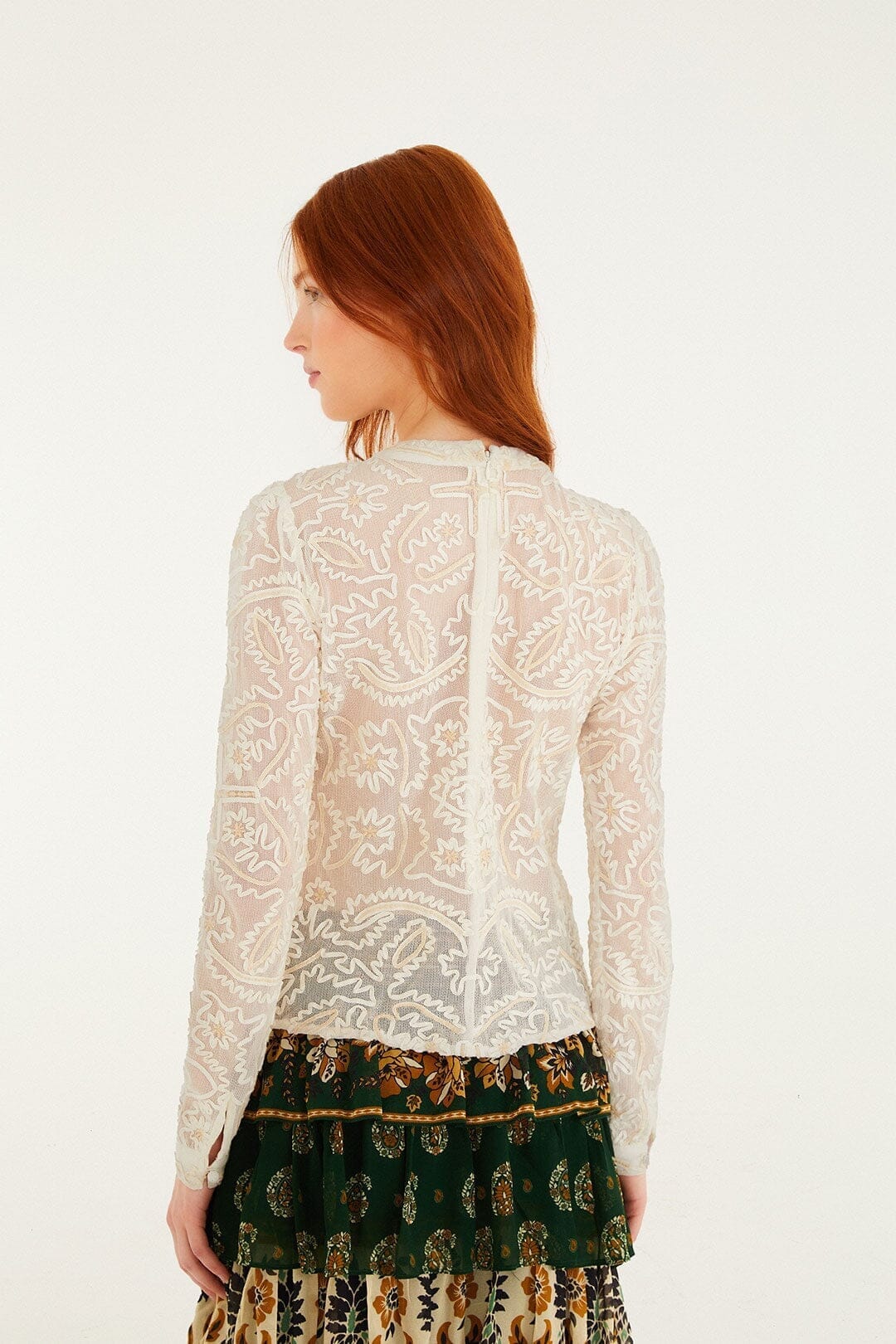Off-White Embroidered Crew Neck Long Sleeve Blouse - Image 3
