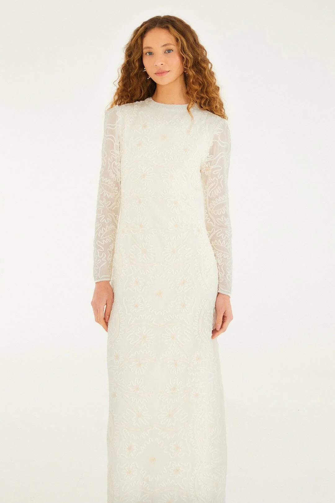 Off-White Embroidered Crew Neck Long Sleeve Maxi Dress - Image 4