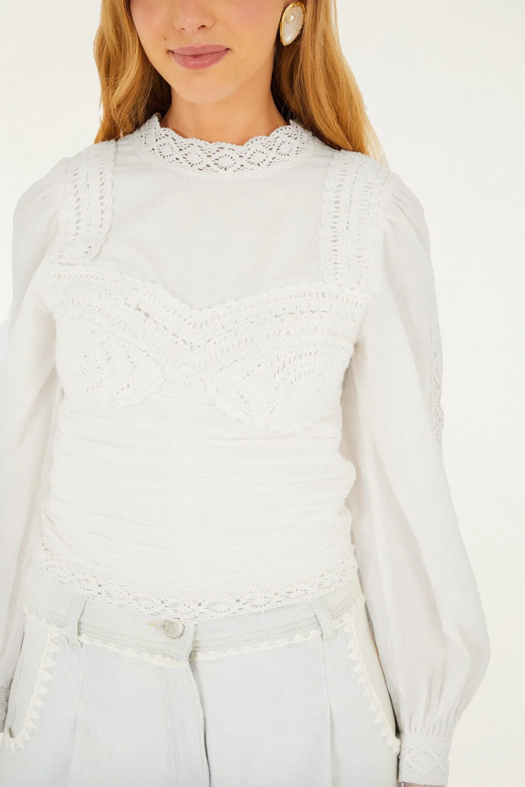 Off-White Crew Neck Long Sleeve Crochet Blouse - Image 2