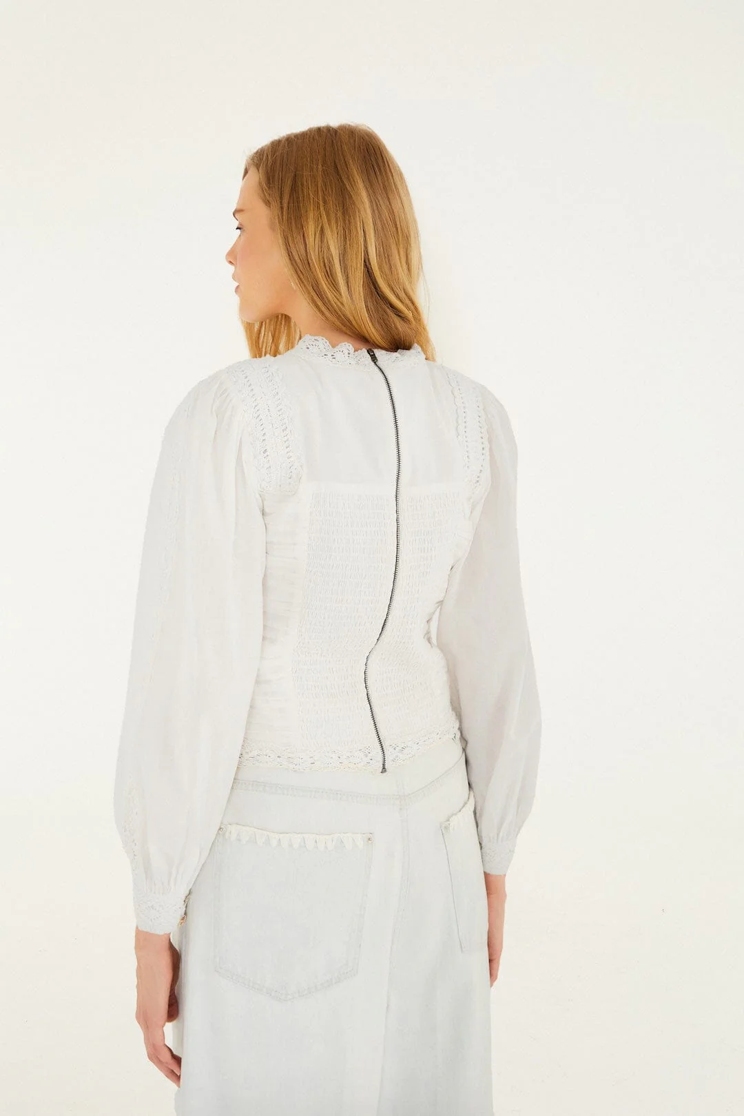 Off-White Crew Neck Long Sleeve Crochet Blouse - Image 3