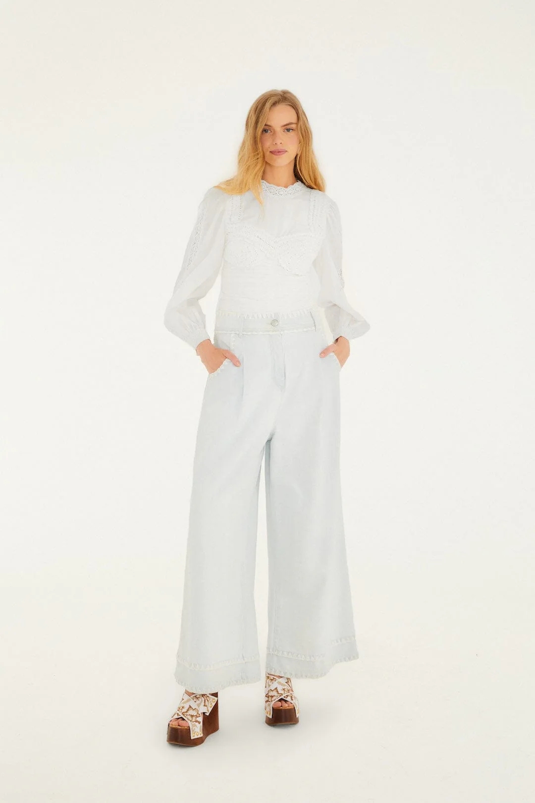 Off-White Crew Neck Long Sleeve Crochet Blouse - Image 4