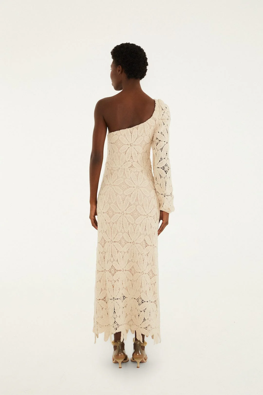 Off-White One-Shoulder Crochet Flower Maxi Dress - Image 4