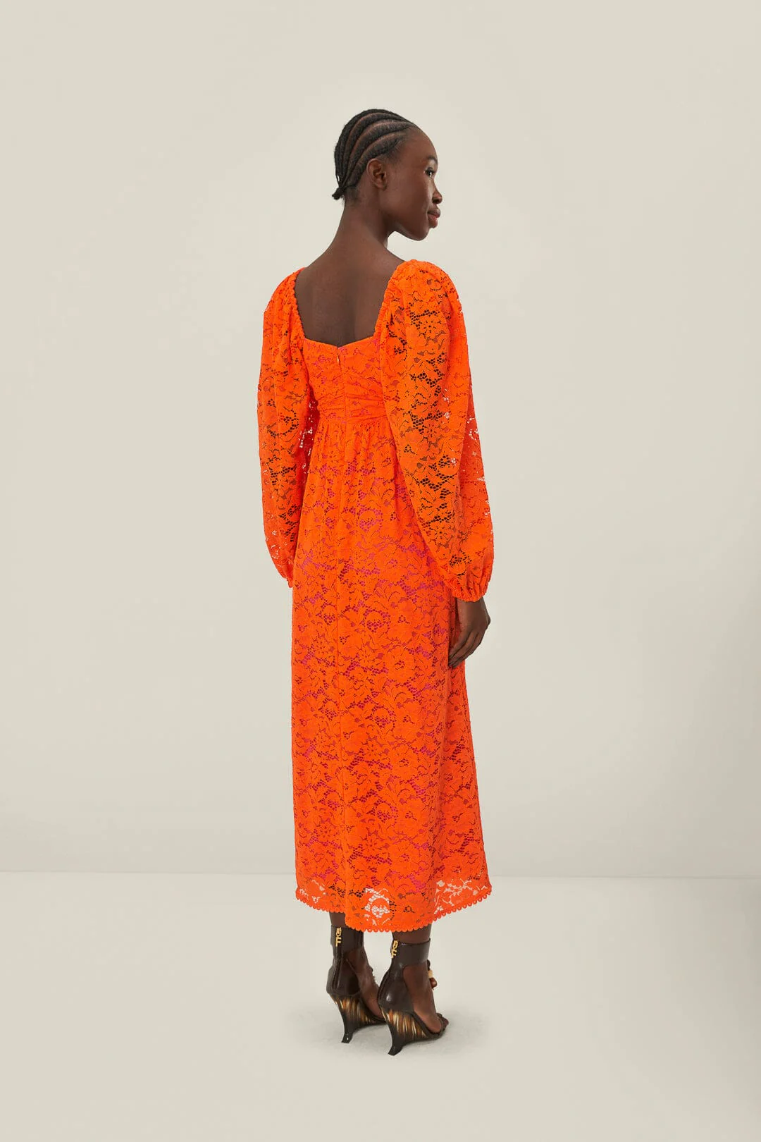 Orange Lace Long Sleeve Midi Dress - Image 4
