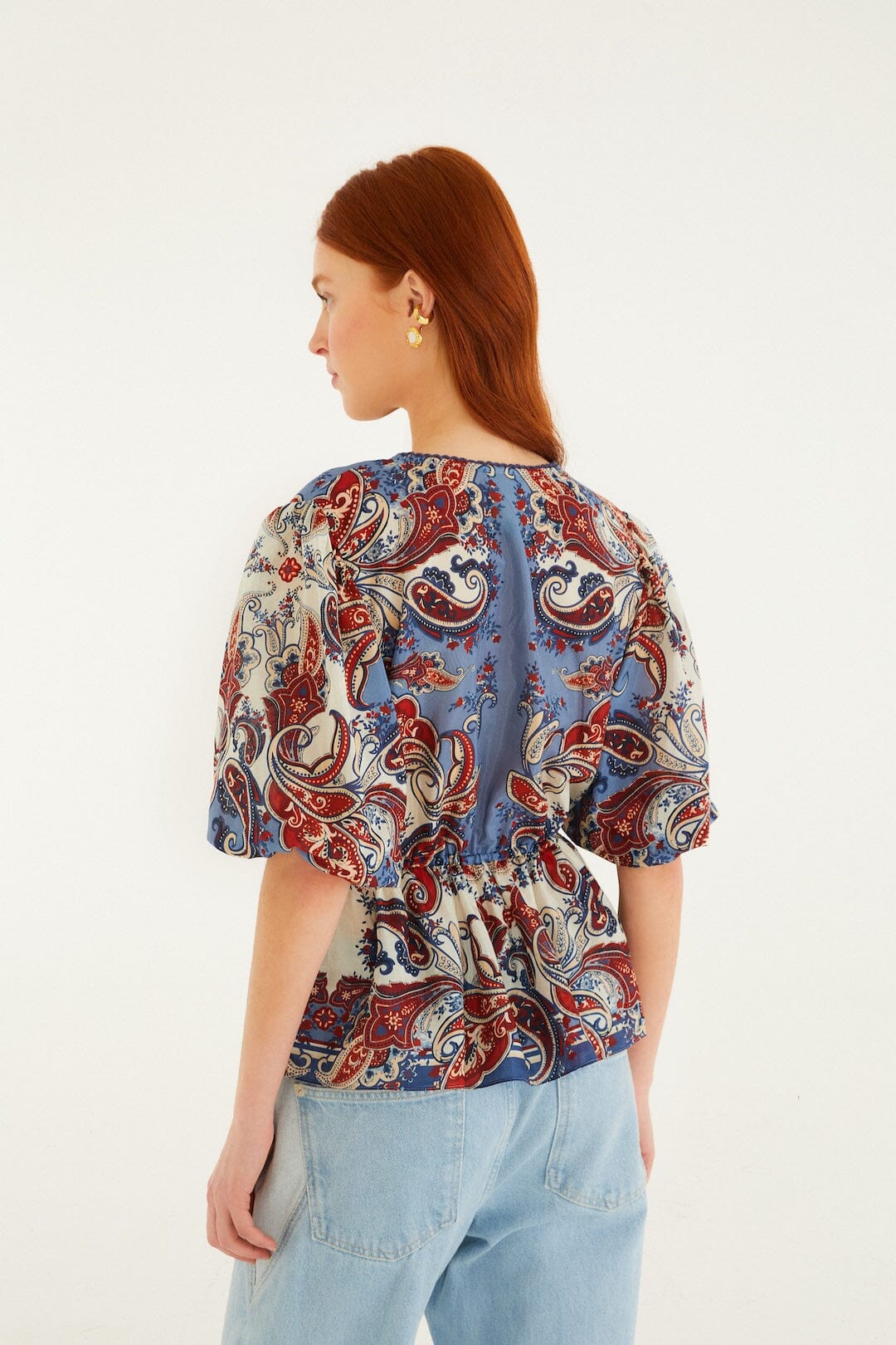 Blue Paisley Scarf Short Sleeve Blouse - Image 3