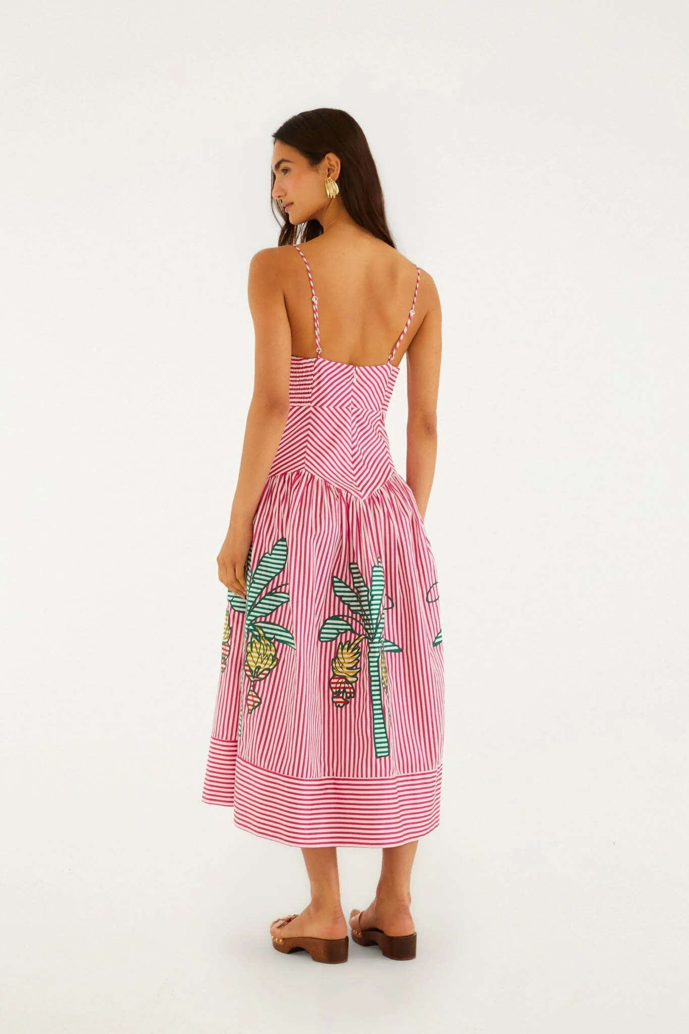 Pink Palm Tree Stripes Cutwork Organic Cotton Midi Dress - Image 3