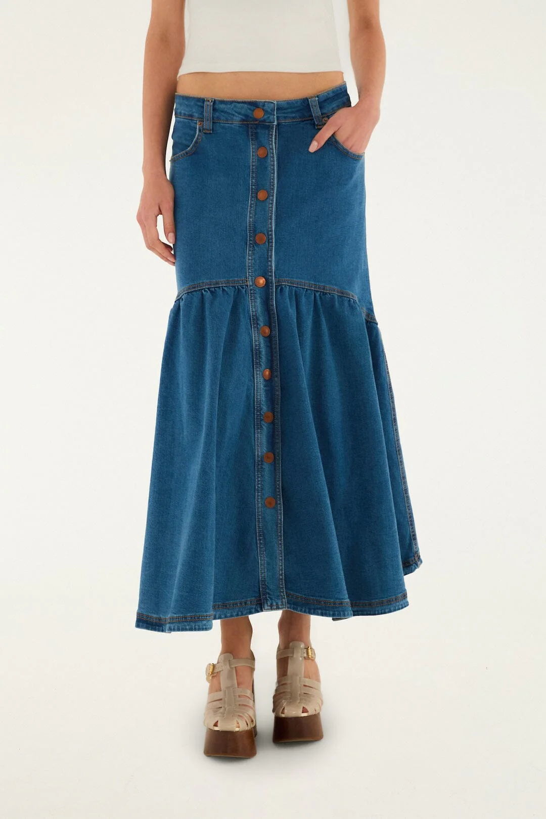 Panelled Denim Long Skirt - Image 2