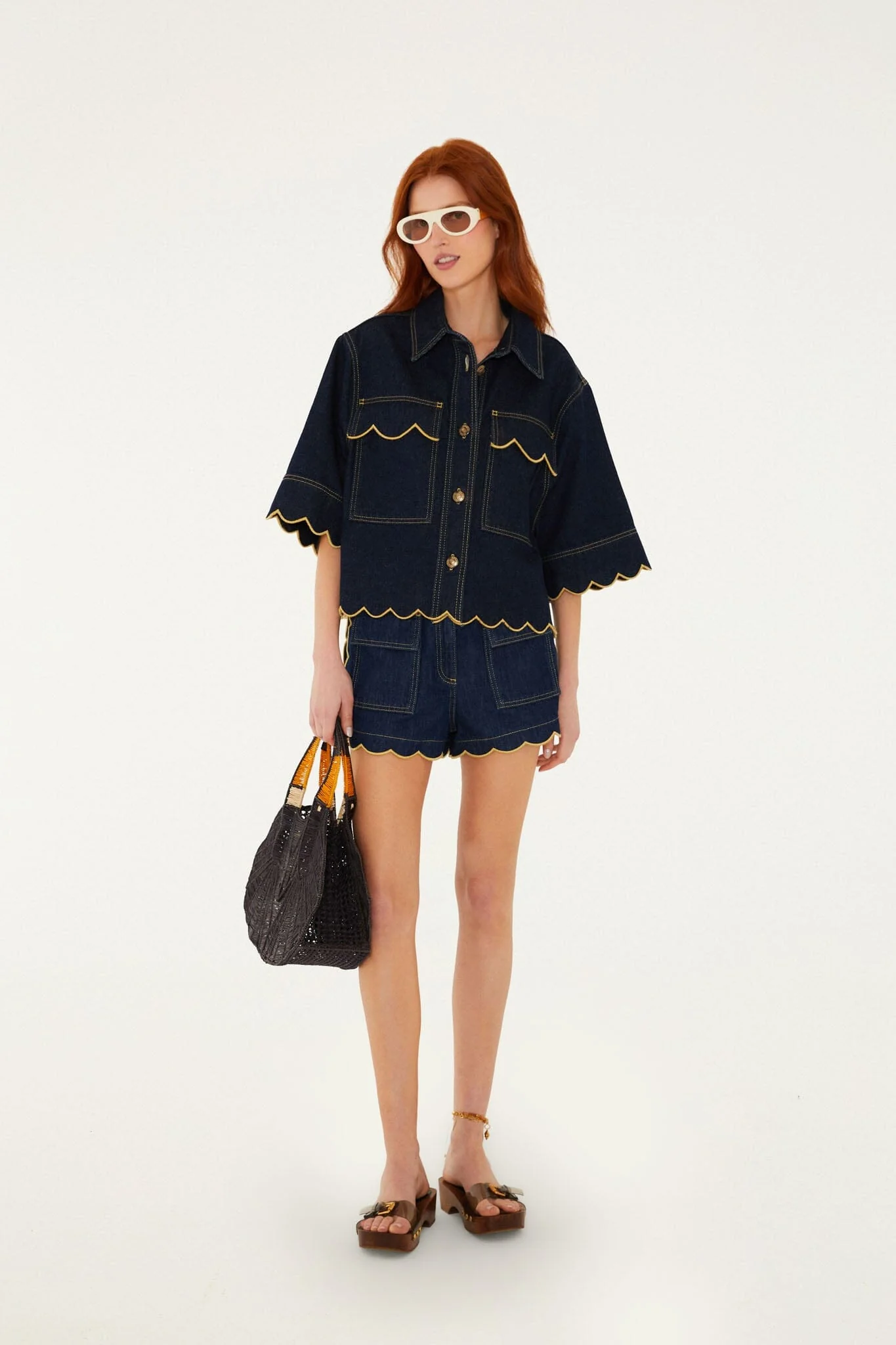 Dark Denim Pockets Wavy Hem Shorts - Image 3