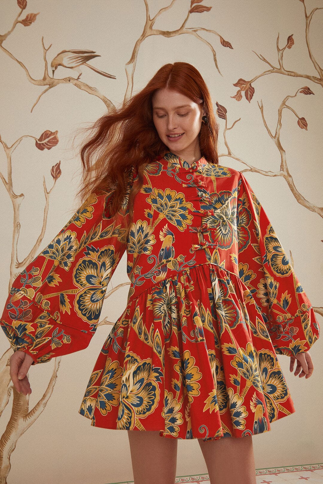 Red Maxi Floral Long Sleeve Mini Dress - Image 5