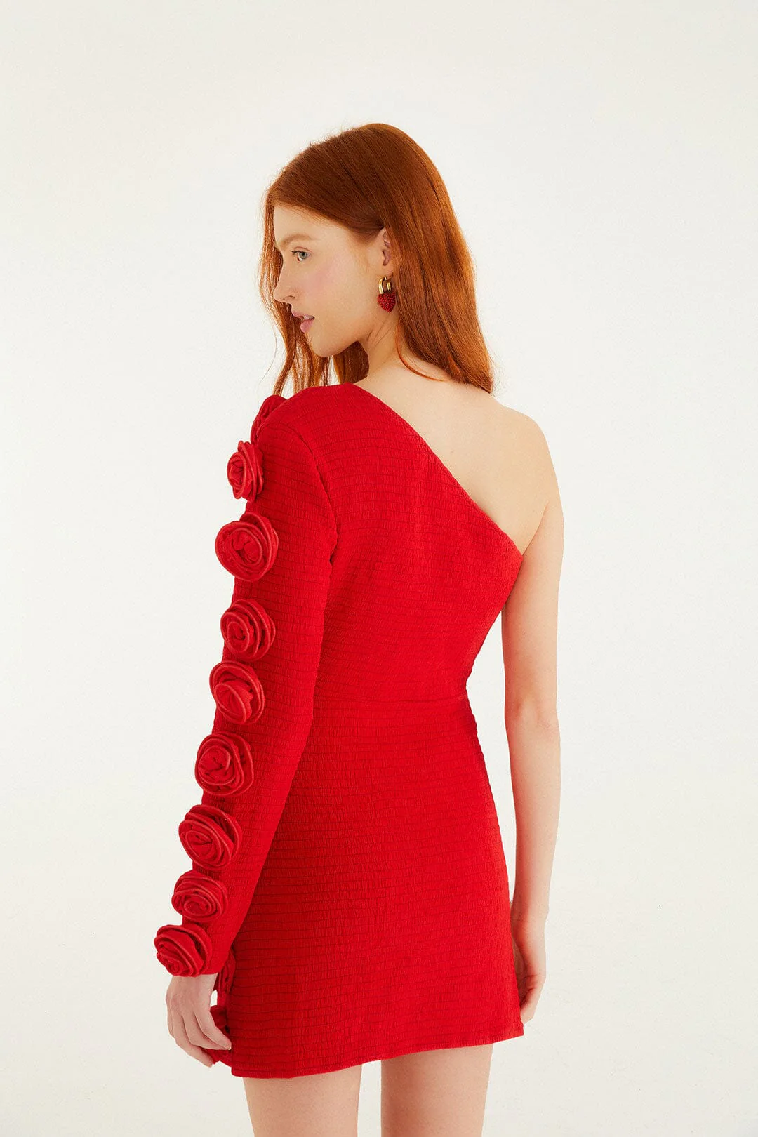 Red 3d Roses One-Shoulder Slim Mini Dress - Image 5