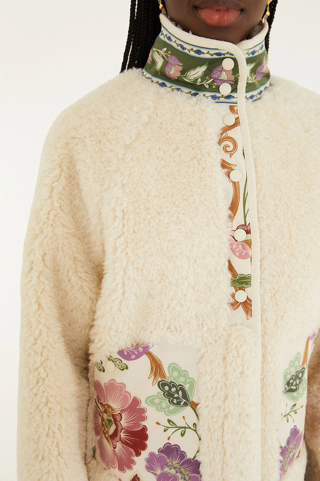 Cream Rococo Flowers Bomber Fleece Jacket - Image 4