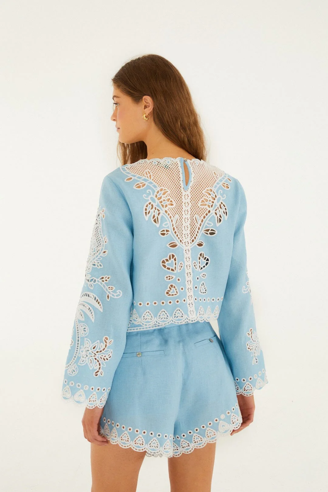 Light Blue Romantic Richelieu Euroflax™ Premium Linen Blouse - Image 3