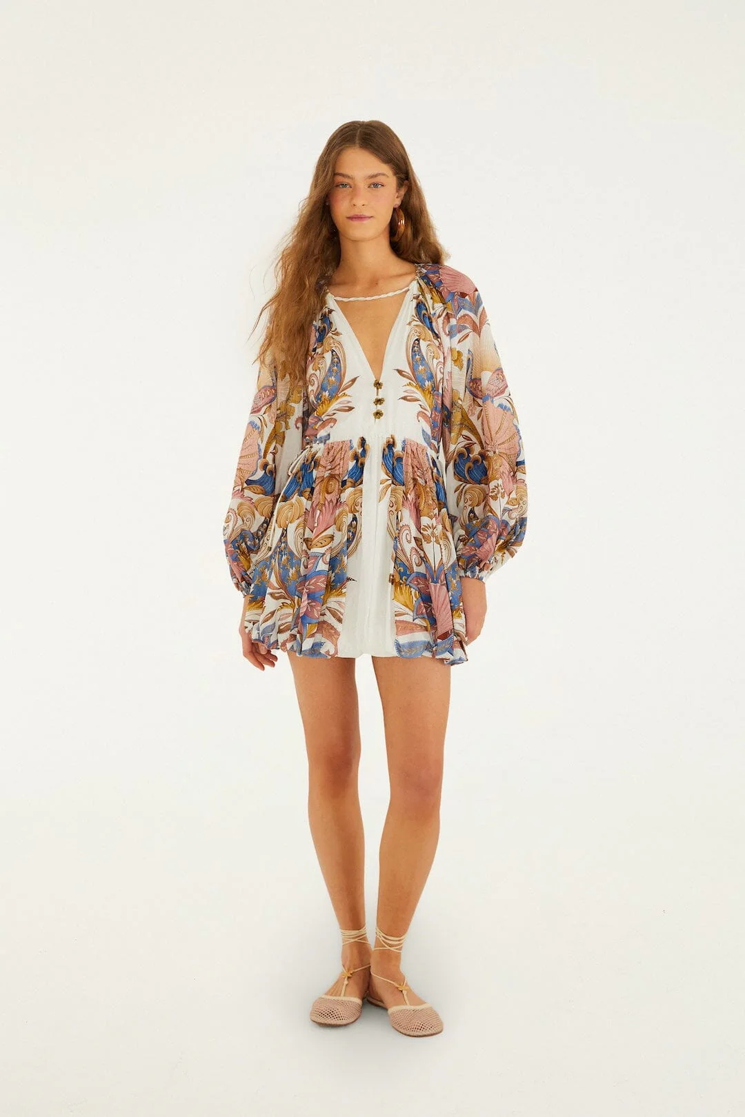 Off-White Sea Garden Puff Sleeve Mini Bubble Dress - Image 4