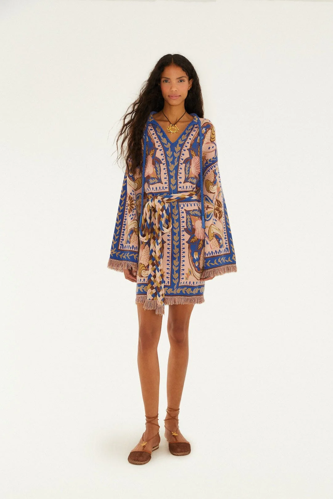 Blue Sea Garden Scarf Tassels Knit Mini Dress - Image 4