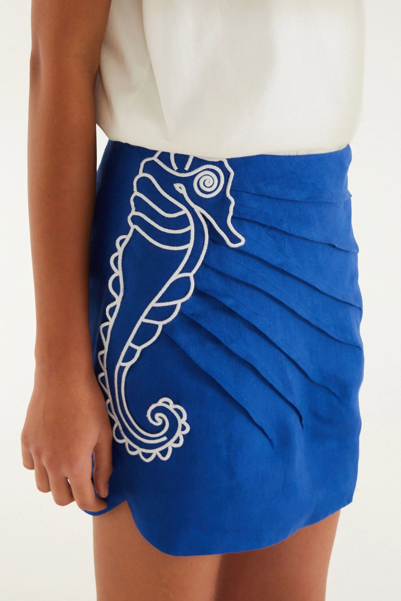 Blue Seahorse Embroidery Euroflax Premium Linen Mini Skirt - Image 5