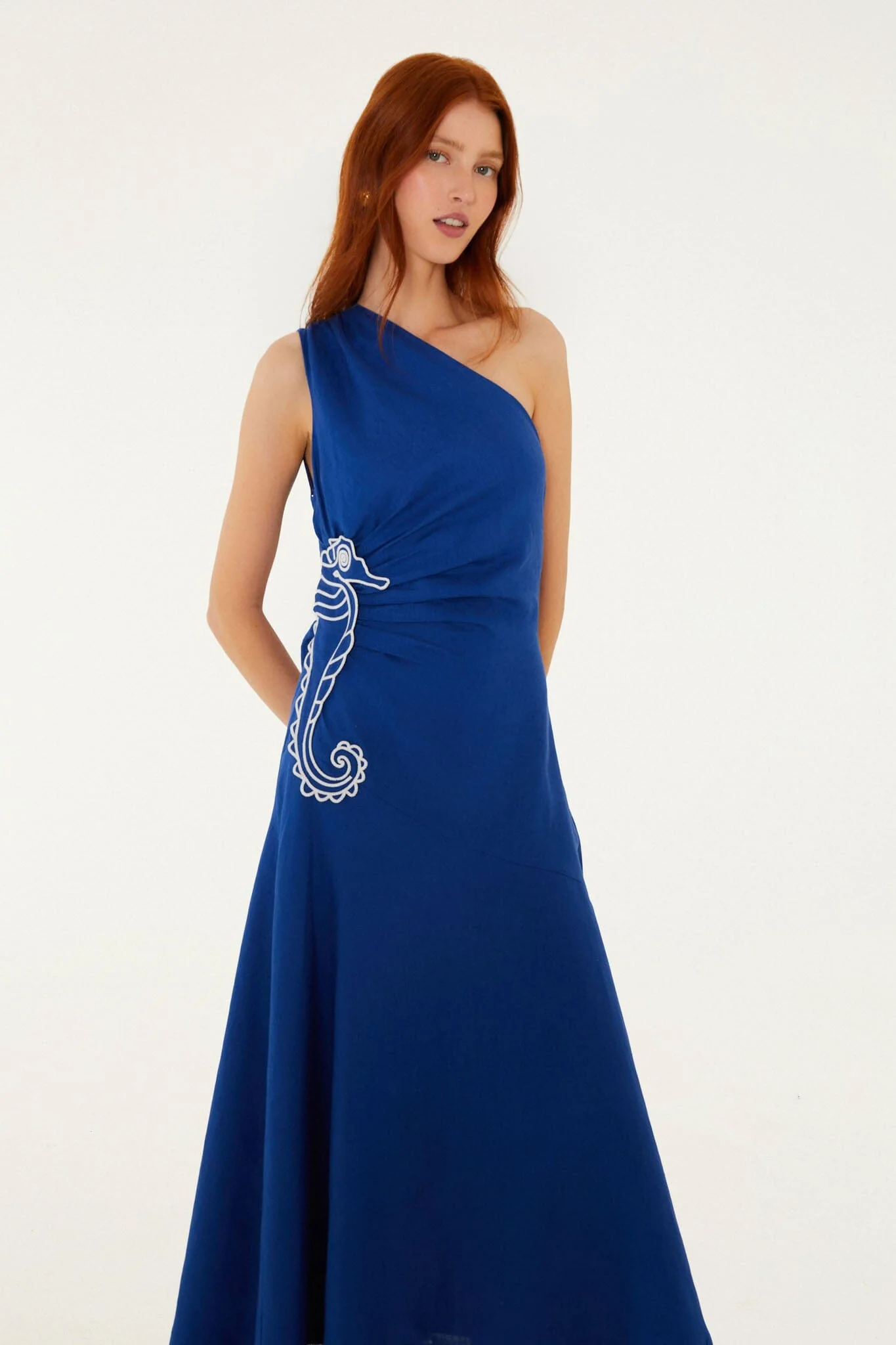 Blue Seahorse Embroidery One-Shoulder Euroflax™ Premium Linen Maxi Dress - Image 3