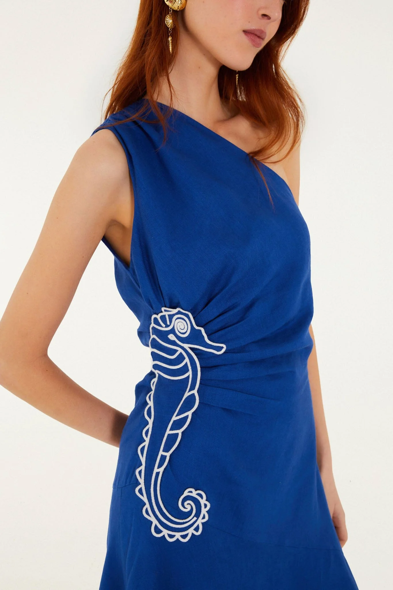 Blue Seahorse Embroidery One-Shoulder Euroflax™ Premium Linen Maxi Dress - Image 4