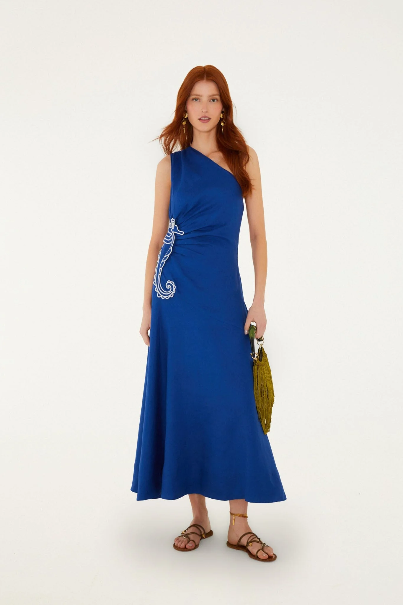 Blue Seahorse Embroidery One-Shoulder Euroflax™ Premium Linen Maxi Dress - Image 5