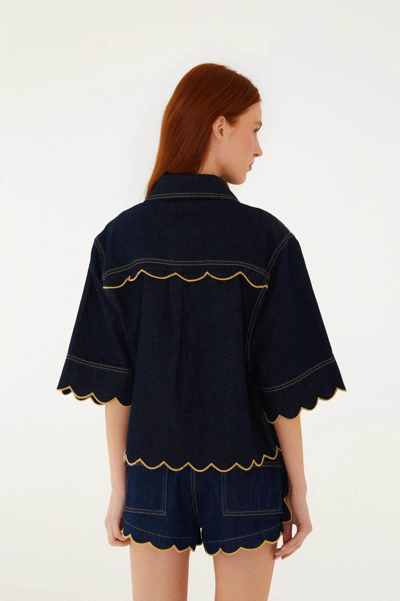 Dark Denim Wavy Hem Short Sleeve Shirt - Image 4