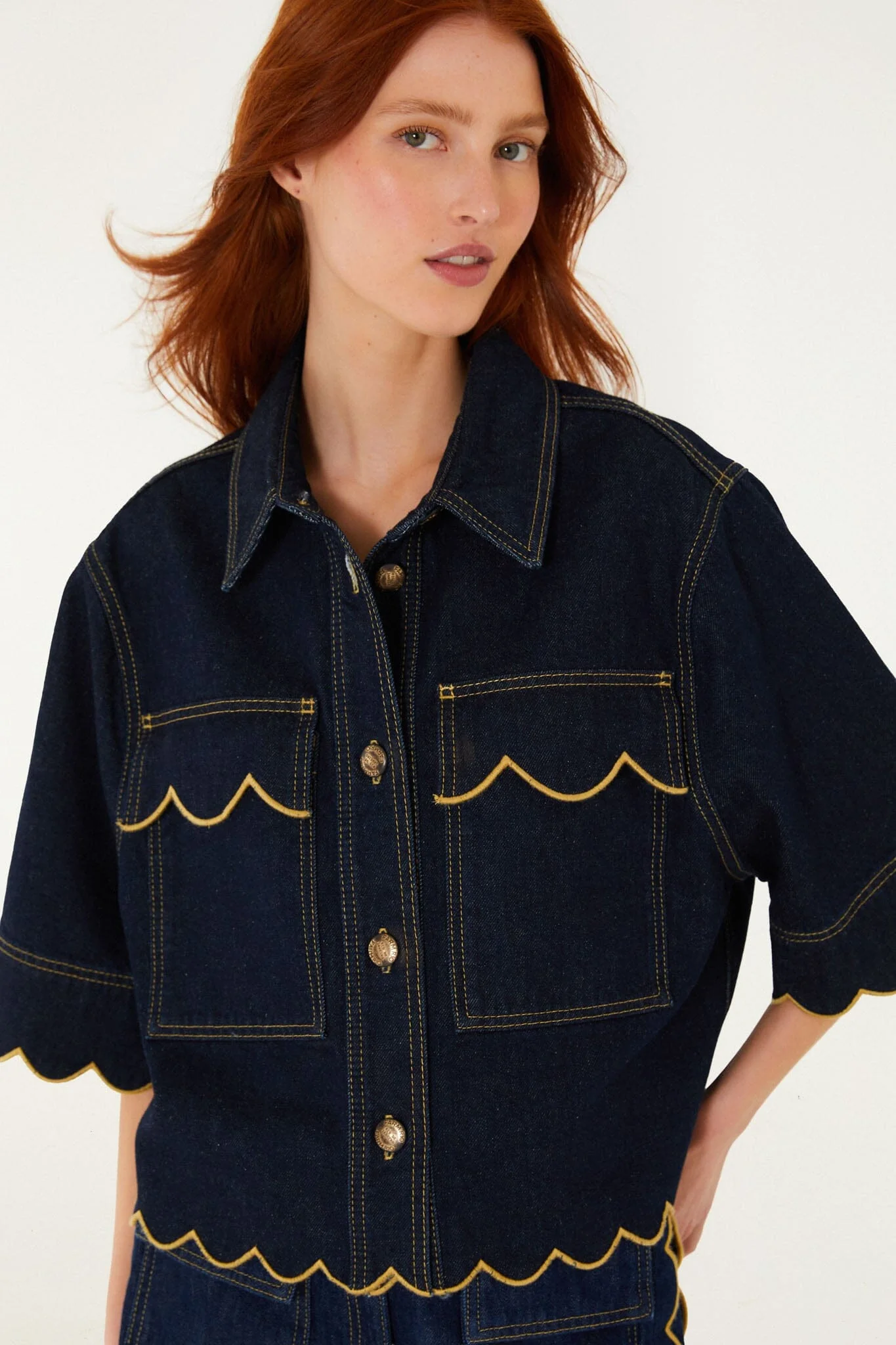 Dark Denim Wavy Hem Short Sleeve Shirt - Image 5