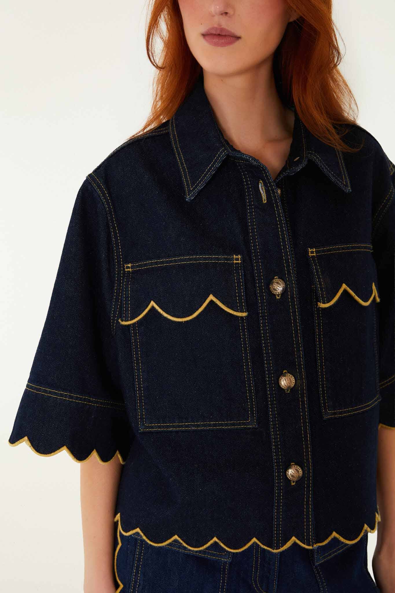 Dark Denim Wavy Hem Short Sleeve Shirt - Image 6