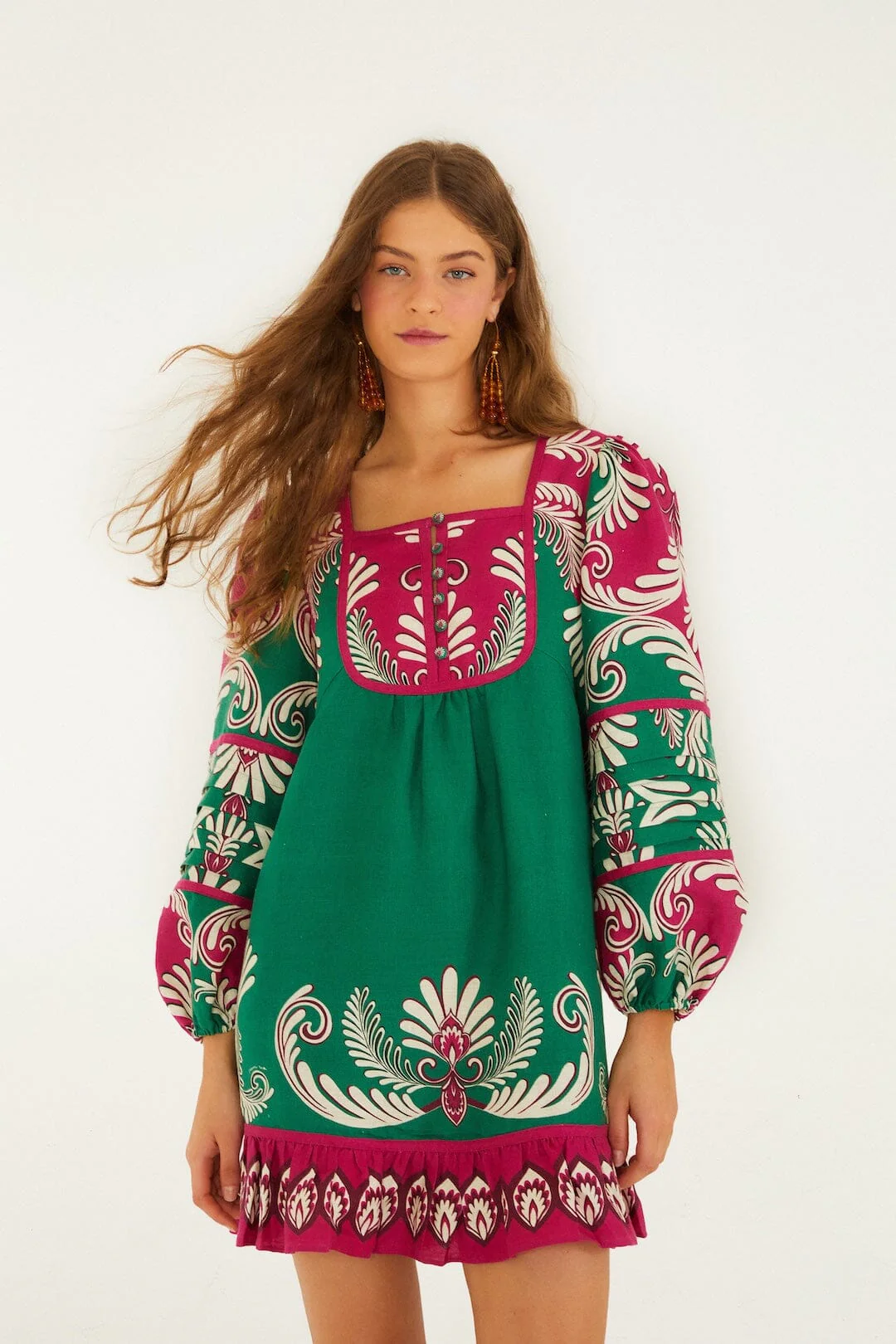 Multicolor Spring Arabesc Long Sleeve Euroflax™ Premium Linen Mini Dress