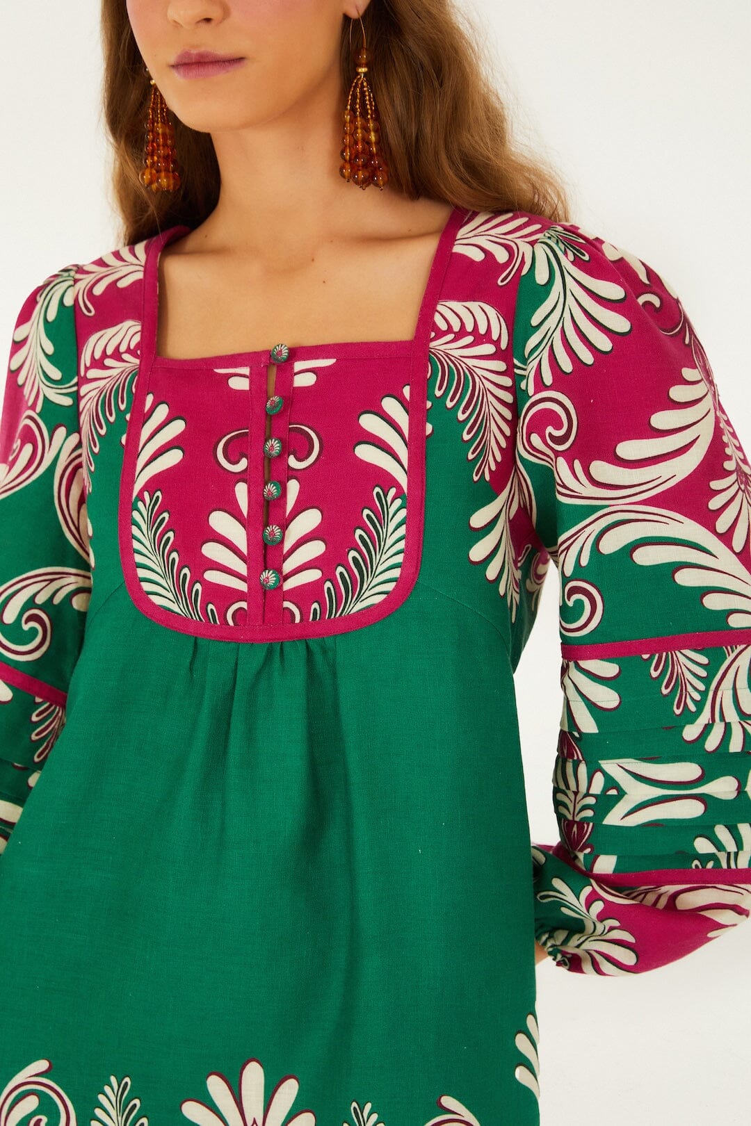 Multicolor Spring Arabesc Long Sleeve Euroflax™ Premium Linen Mini Dress - Image 2