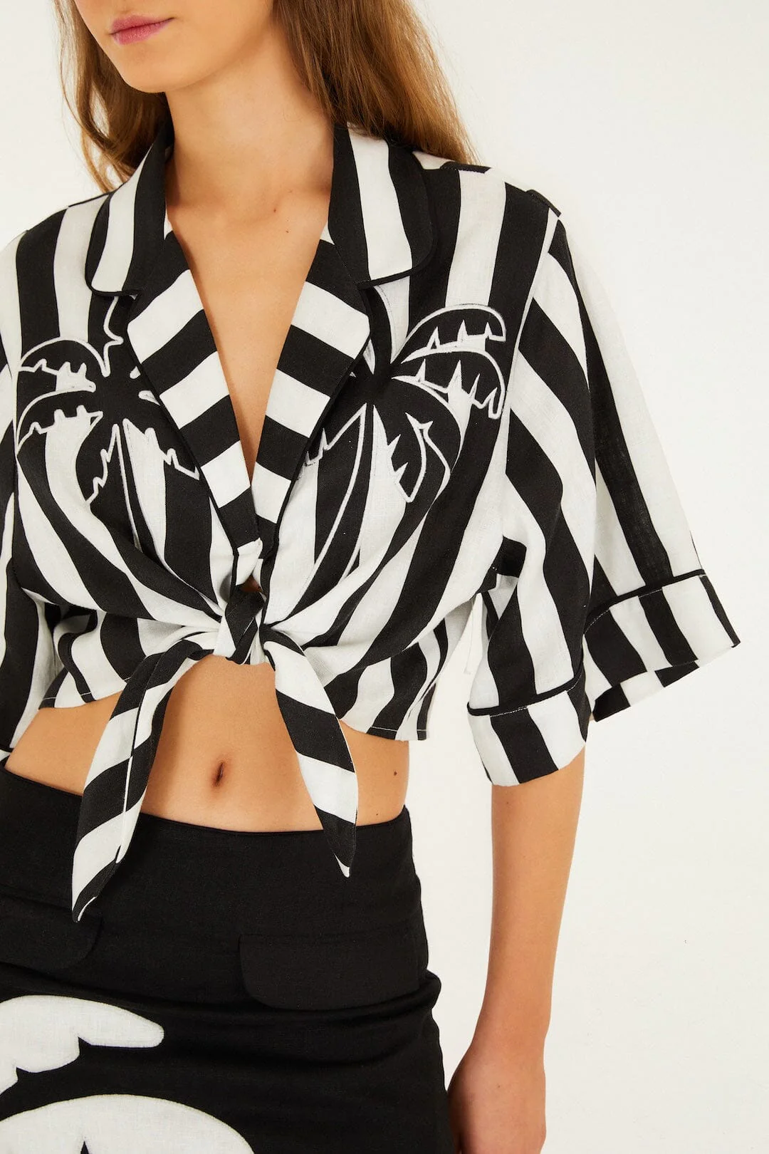 Black Spring Stripes Euroflax™ Premium Linen Short Sleeve Crop Top - Image 2