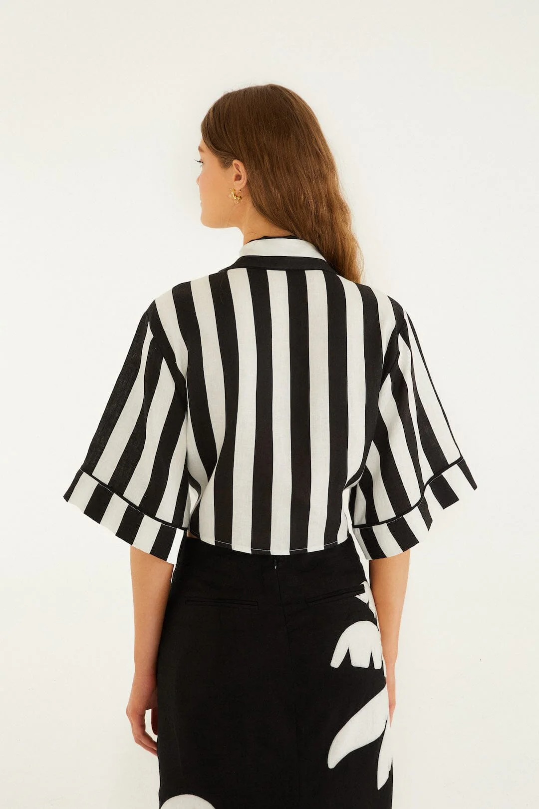 Black Spring Stripes Euroflax™ Premium Linen Short Sleeve Crop Top - Image 3