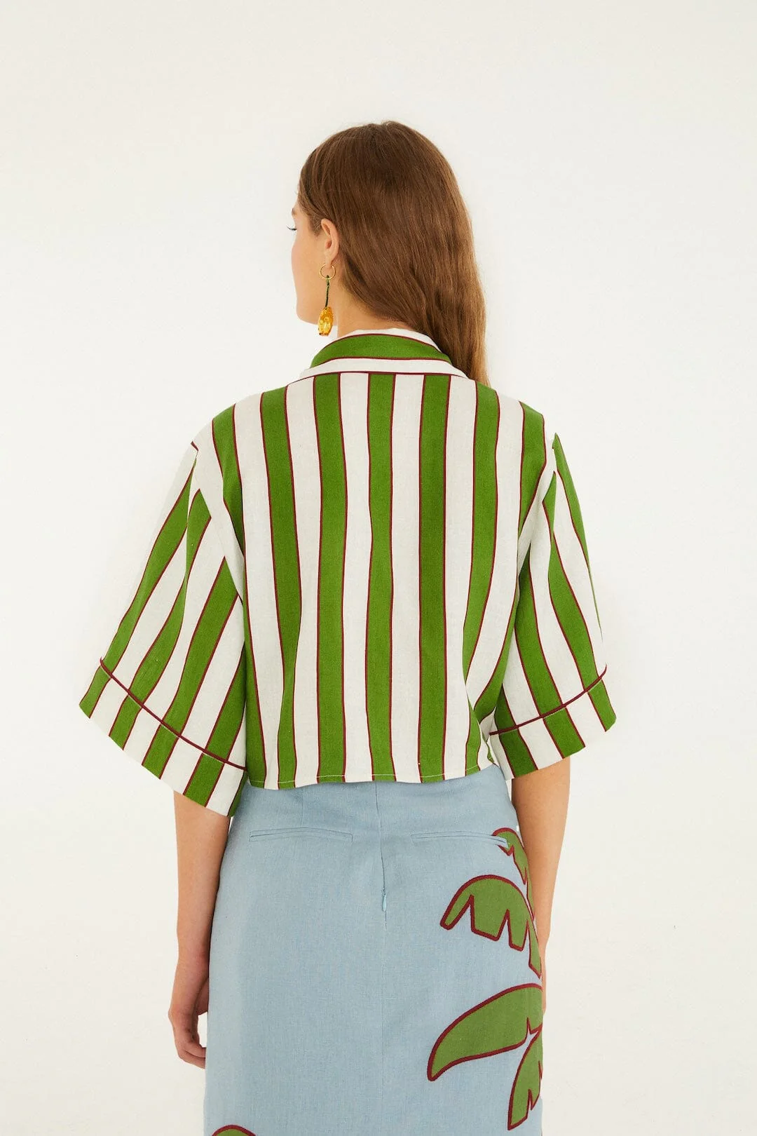 Green Spring Stripes Embroidered Euroflax™ Premium Linen Crop Top - Image 3