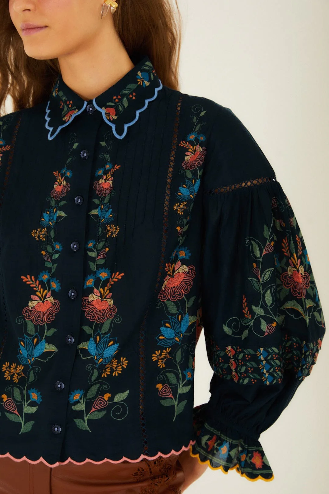 Navy Blue Stitched Garden Wavy Hem Blouse - Image 2