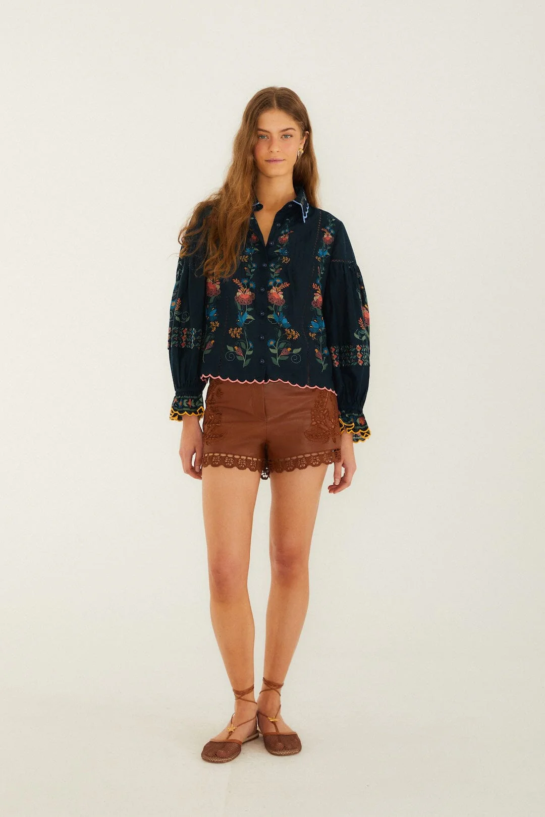 Navy Blue Stitched Garden Wavy Hem Blouse - Image 4