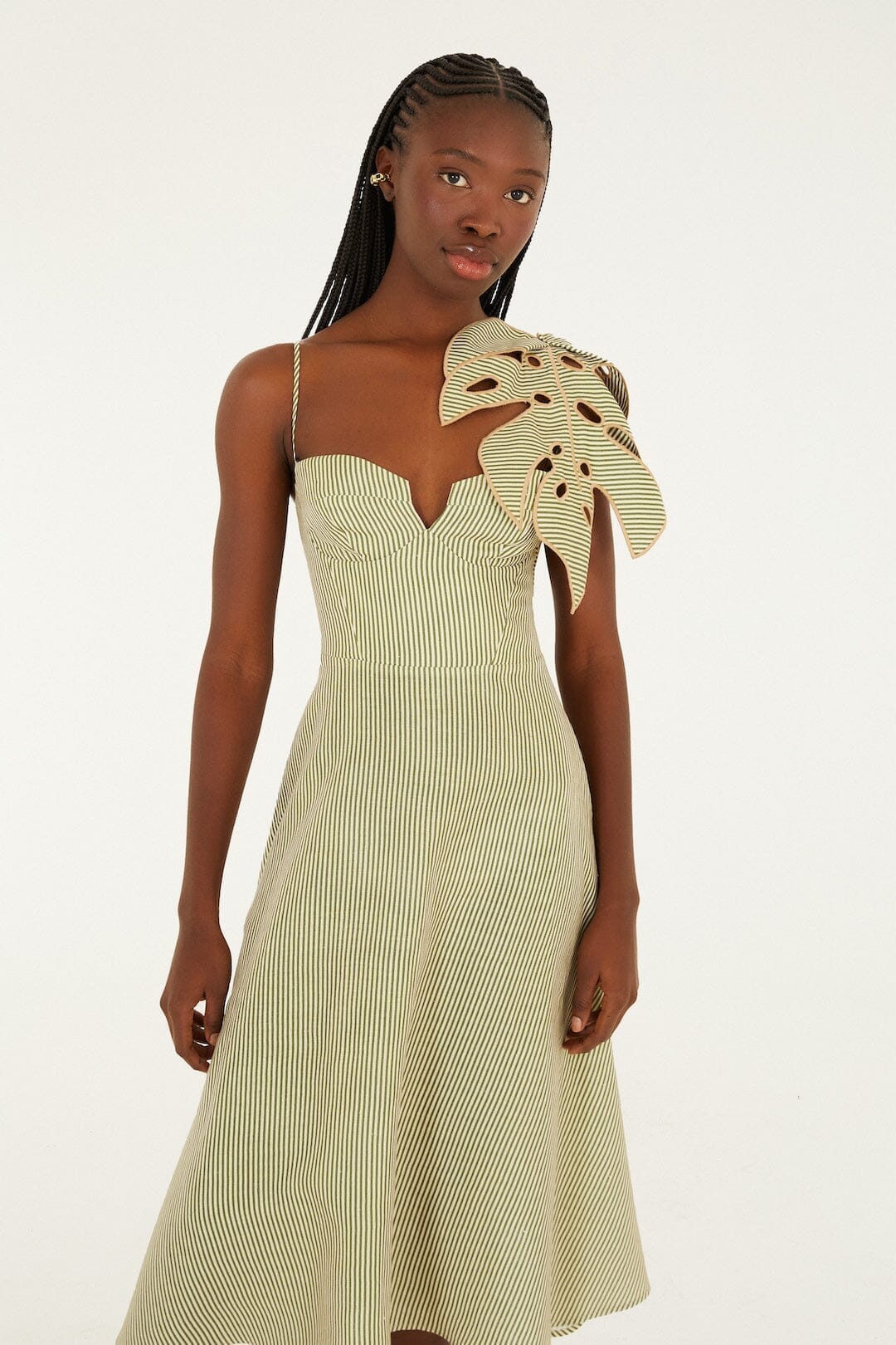 Green Striped 3d Monstera Leaf Euroflax™ Premium Linen Midi Dress - Image 4