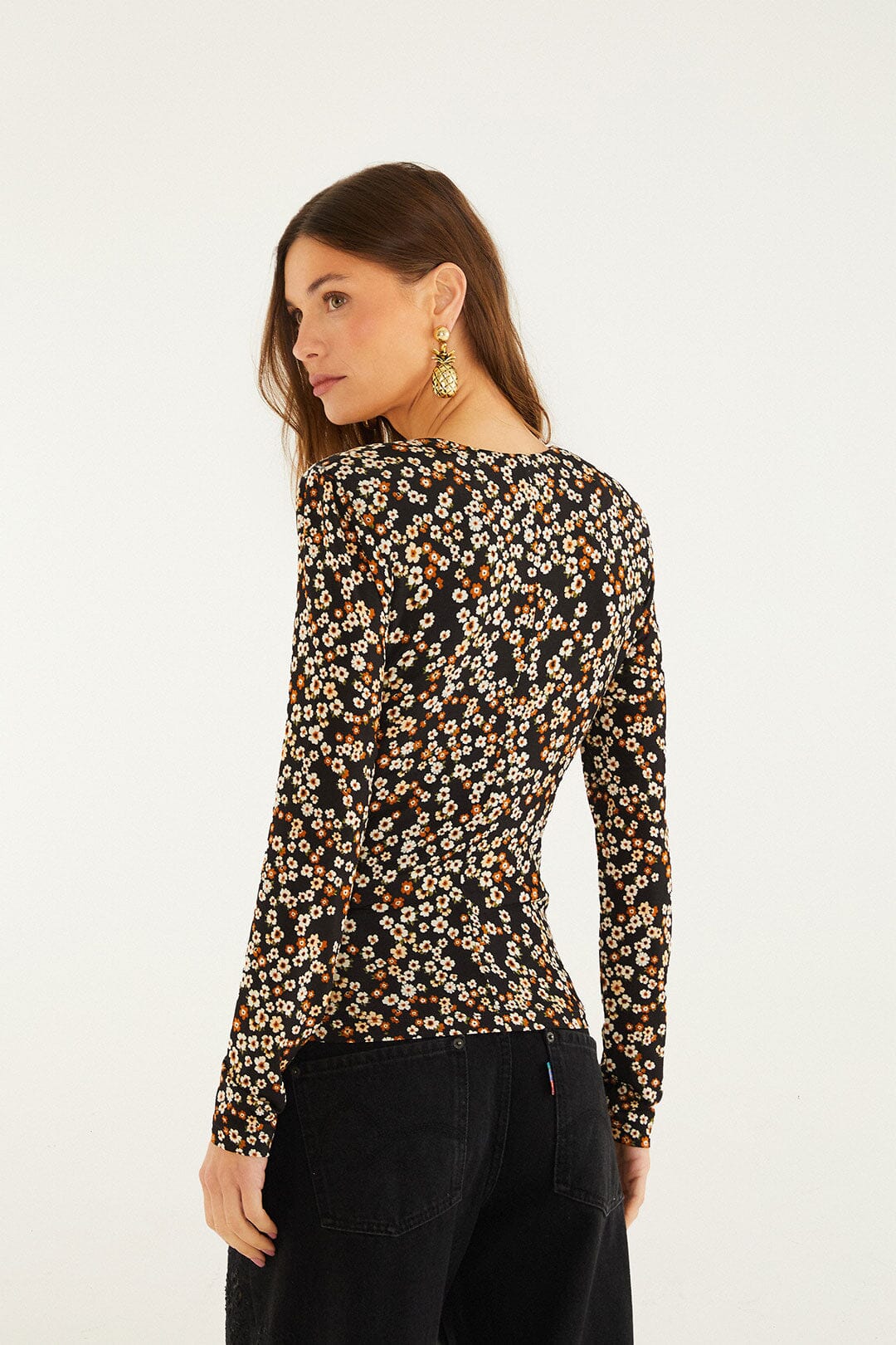 Black Tiny Flowers Jersey Blouse - Image 3