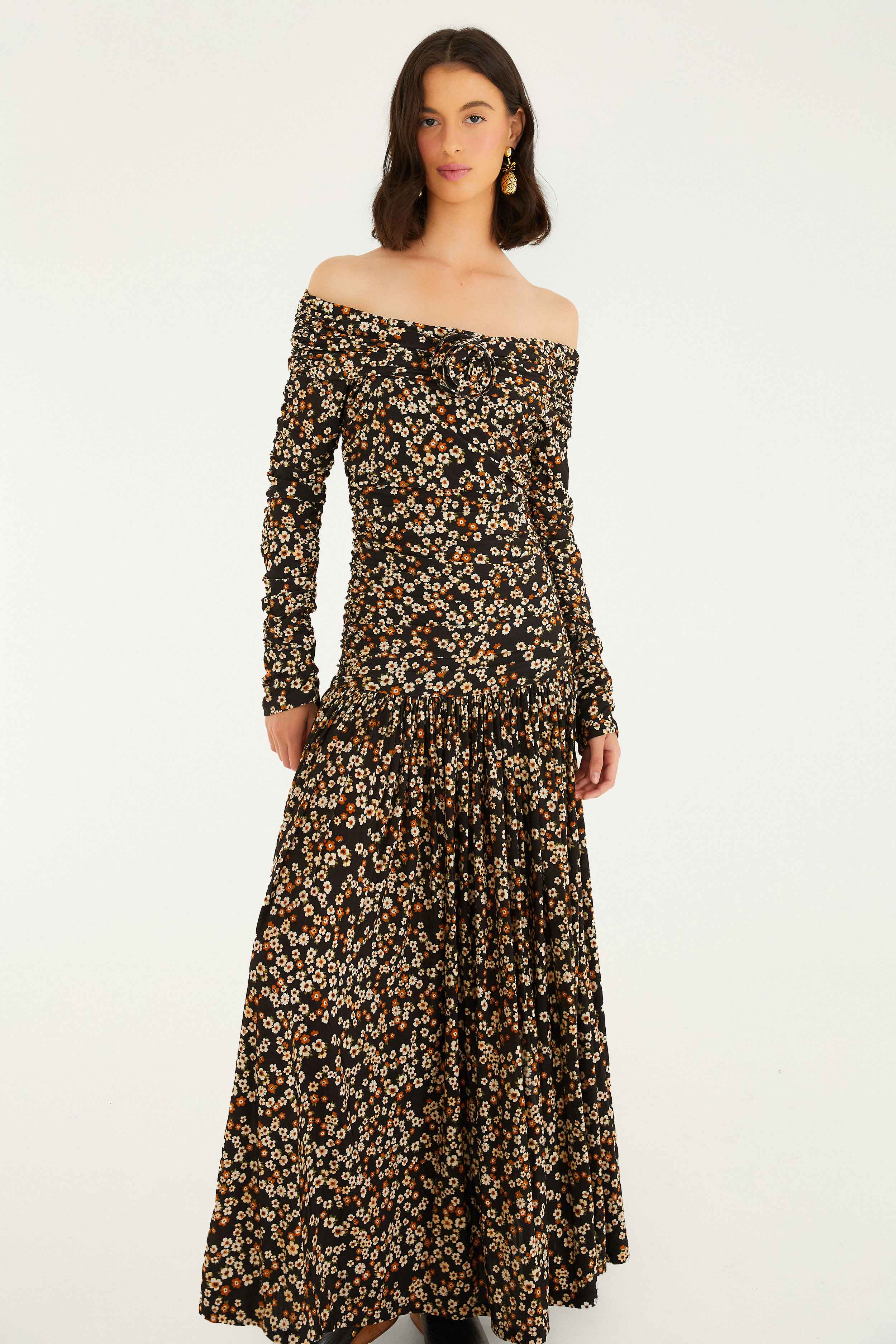Black Tiny Flowers Long Sleeve Maxi Dress - Image 4