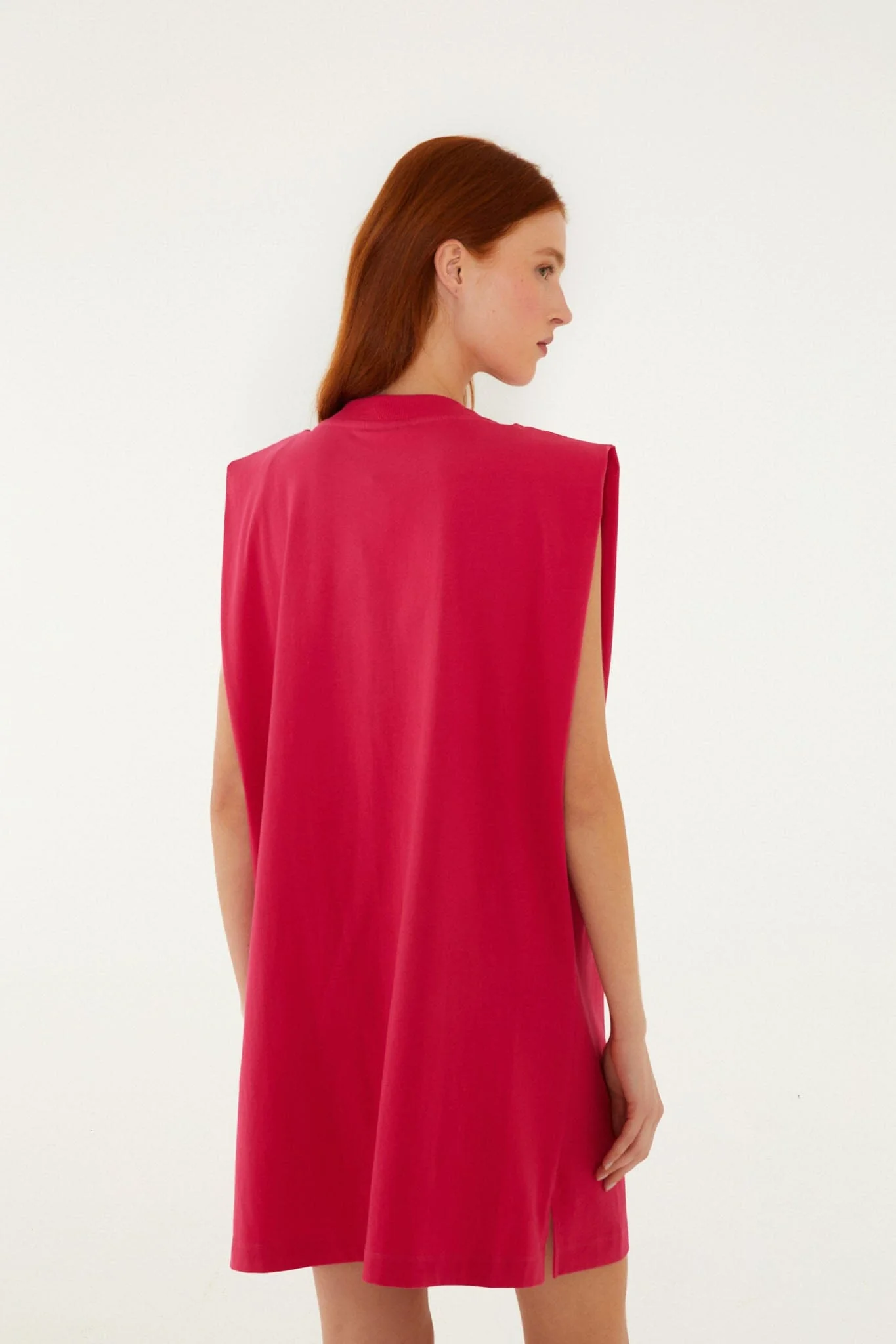 Pink Tropical Rose Padded Shoulders Organic Cotton Mini Dress - Image 3