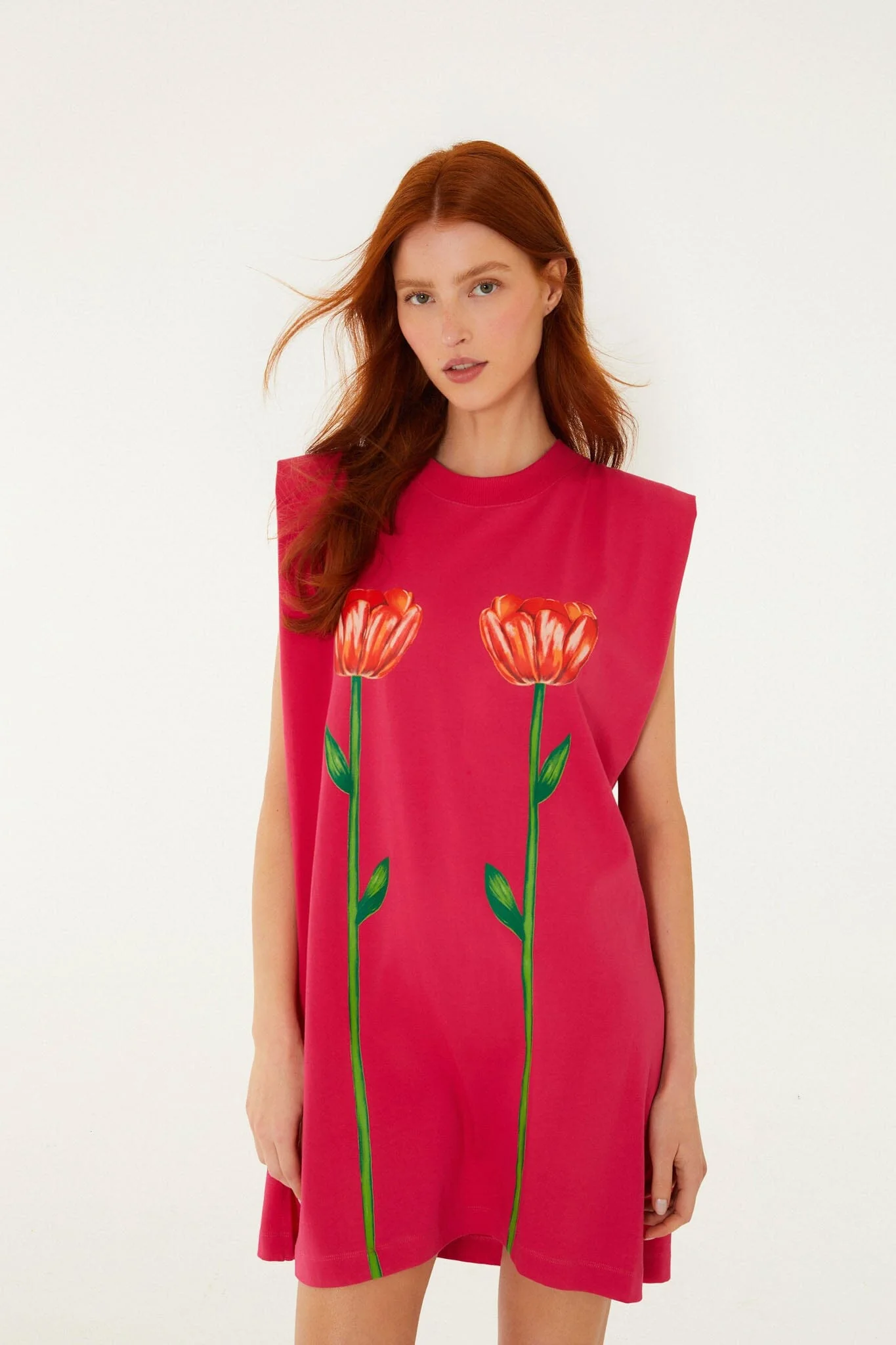 Pink Tropical Rose Padded Shoulders Organic Cotton Mini Dress - Image 4