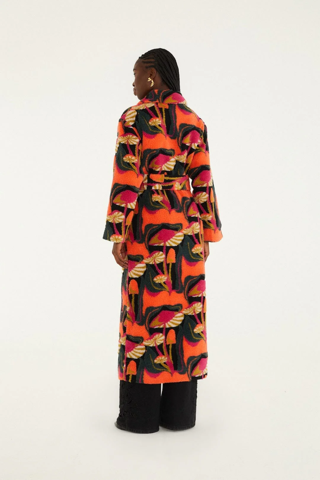 Black Wild Mushrooms Maxi Fleece Coat - Image 3