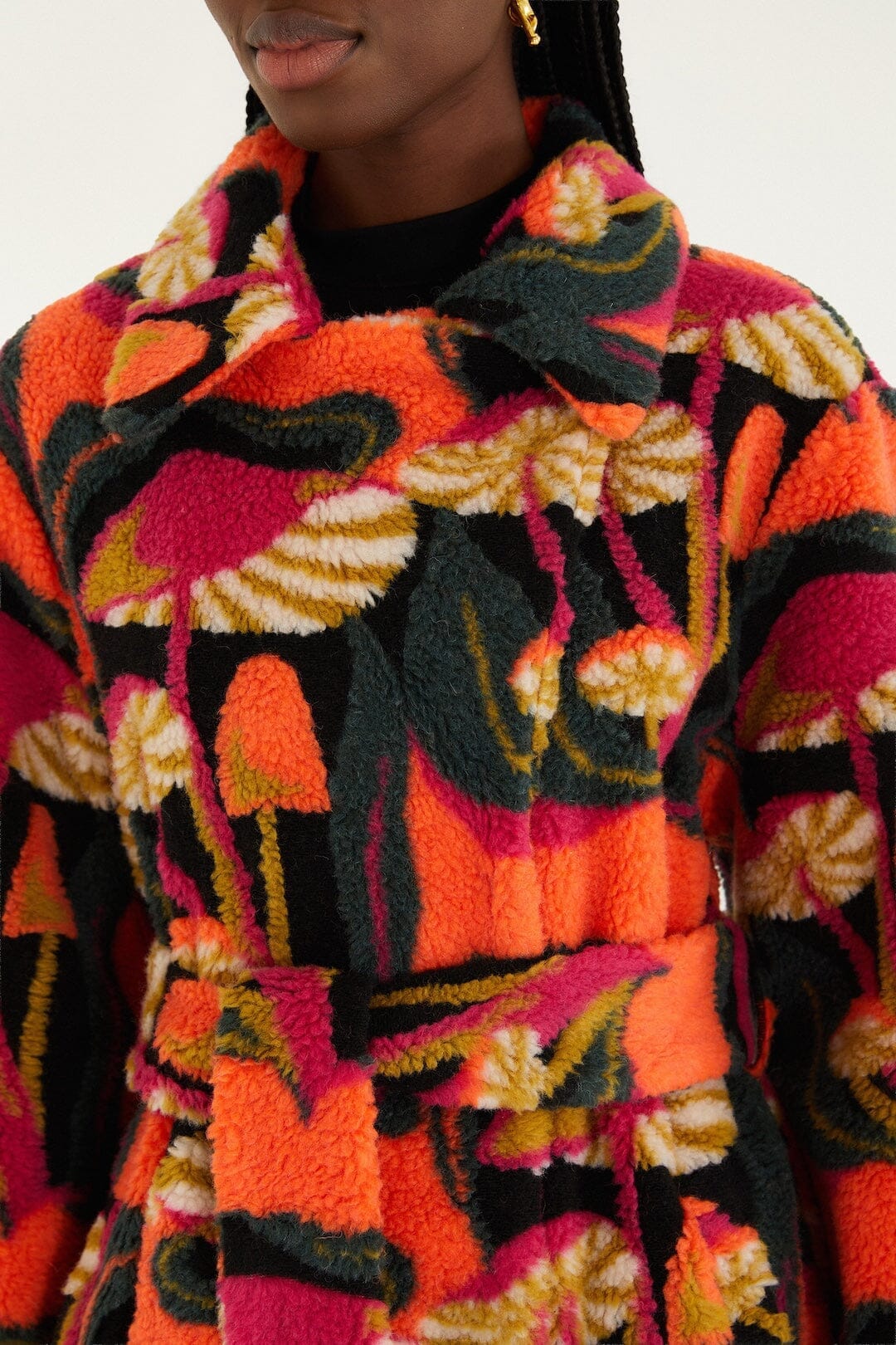 Black Wild Mushrooms Maxi Fleece Coat - Image 4