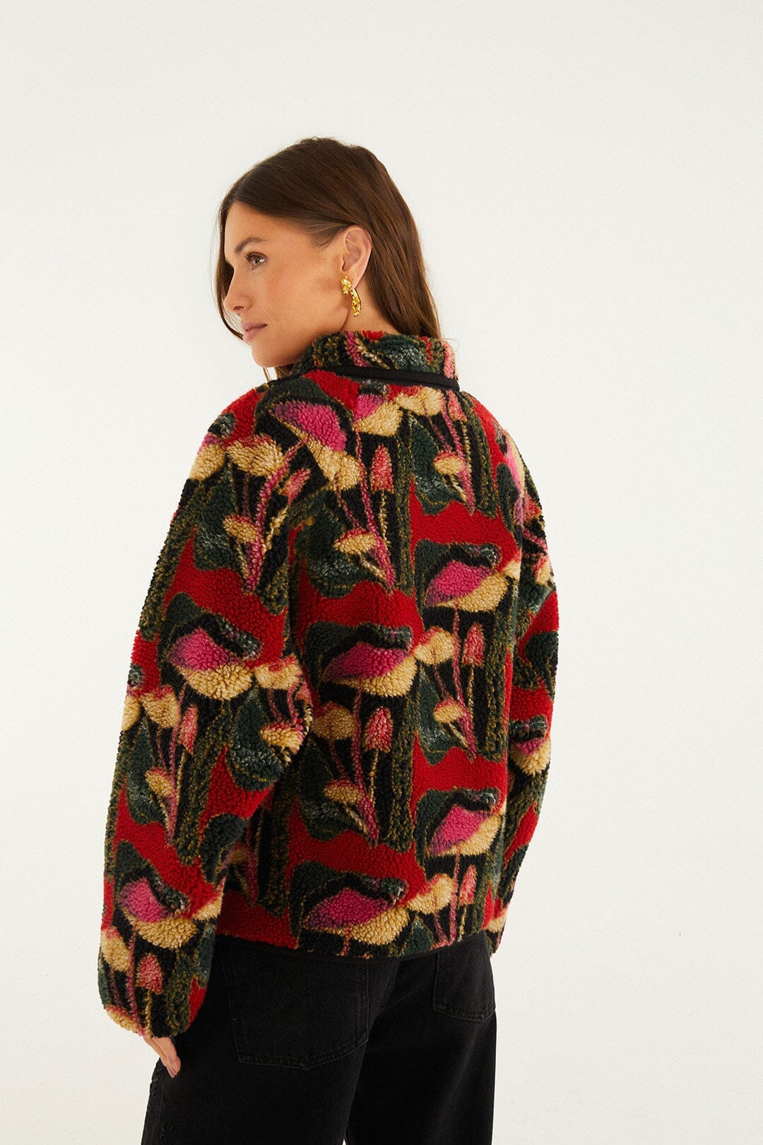 Black Wild Mushrooms Fleece Bomber Jacket - Image 3